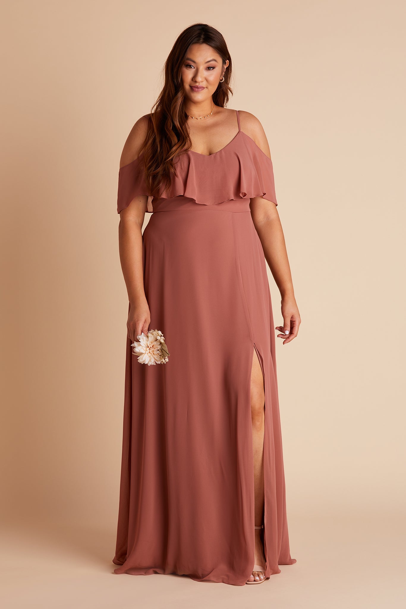 Jane convertible plus size bridesmaid dress with slit in desert rose chiffon by Birdy Grey, front view