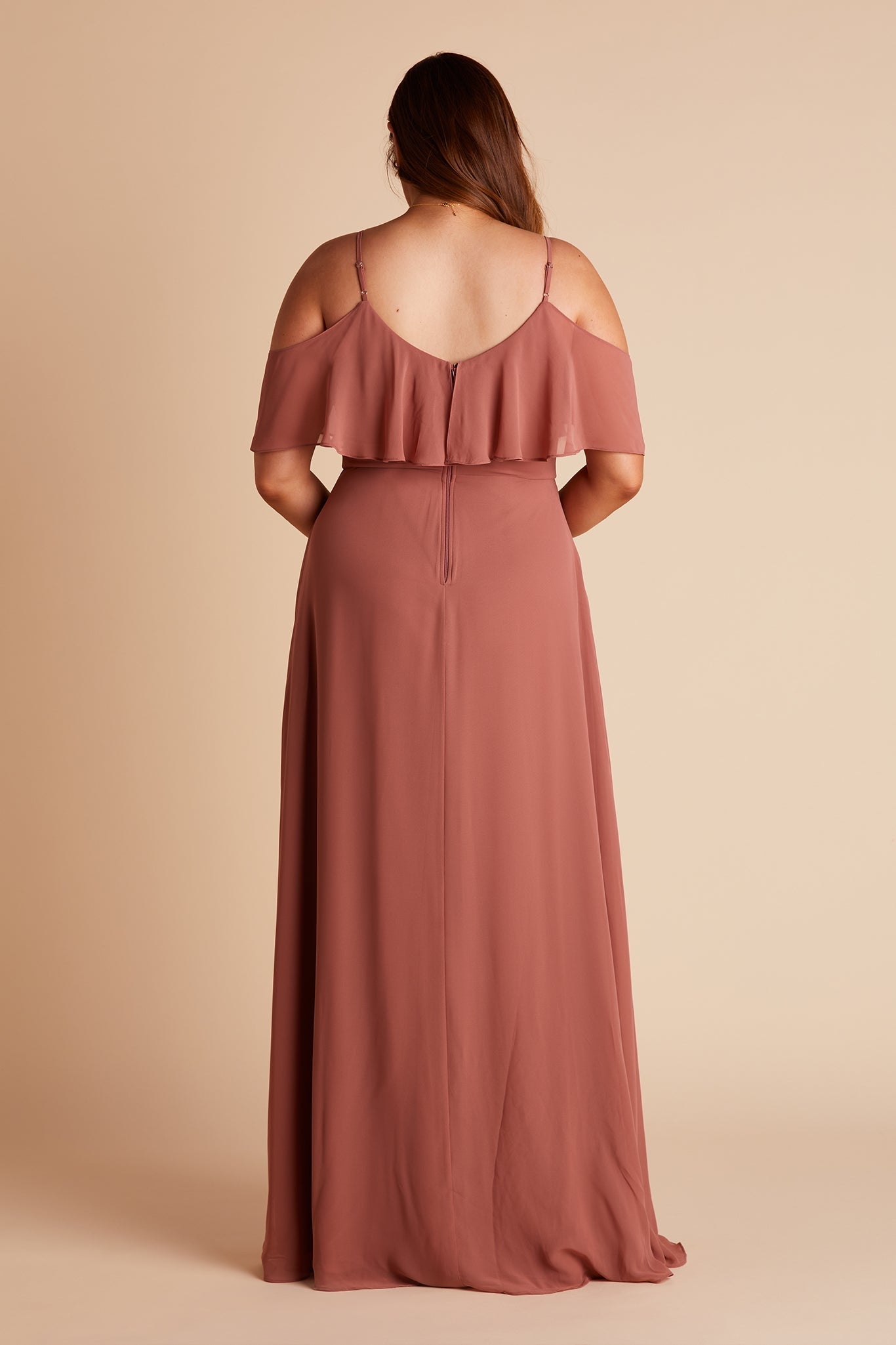 Jane convertible plus size bridesmaid dress with slit in desert rose chiffon by Birdy Grey, back view