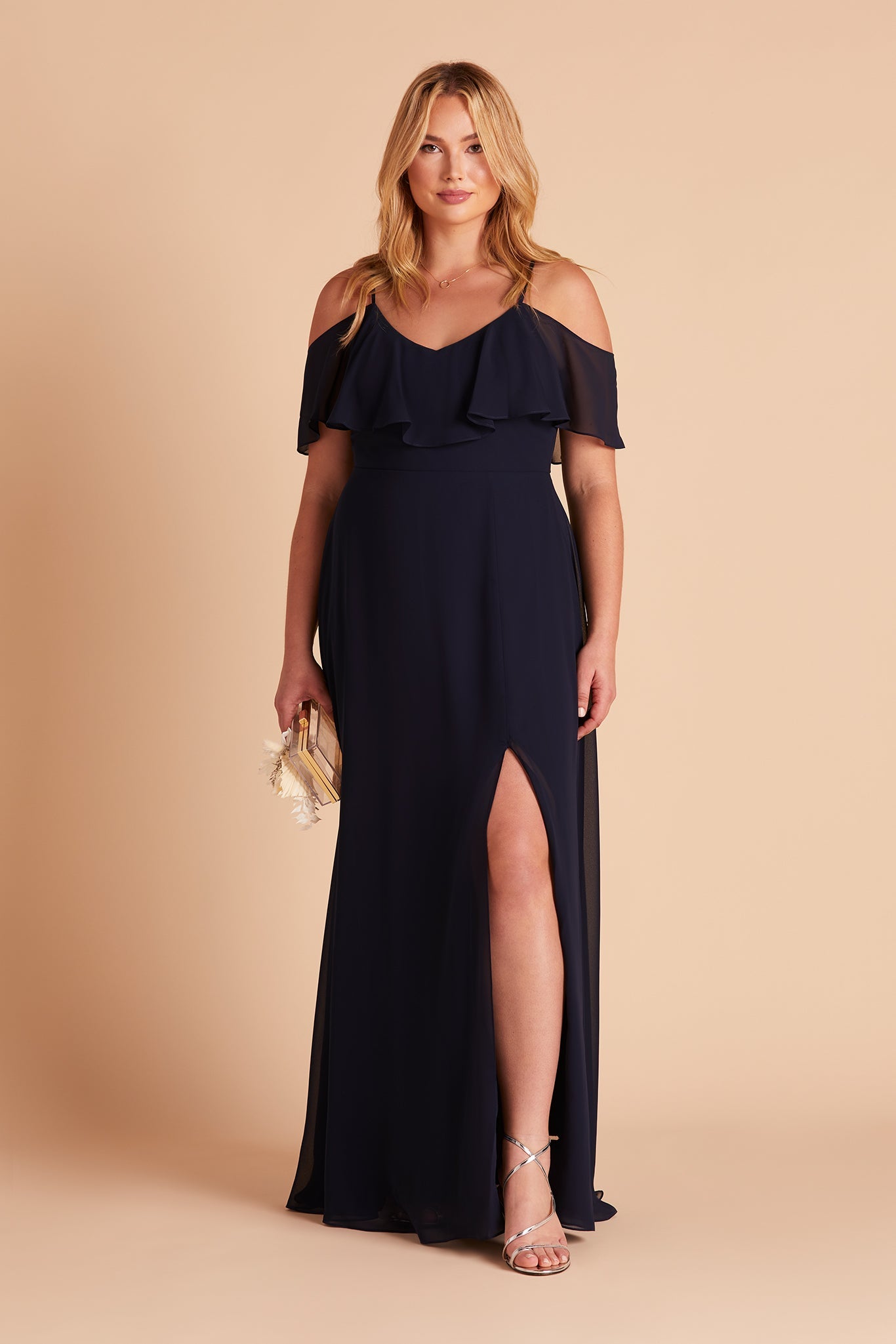 Jane convertible plus size bridesmaid dress with slit in navy blue chiffon by Birdy Grey, front view