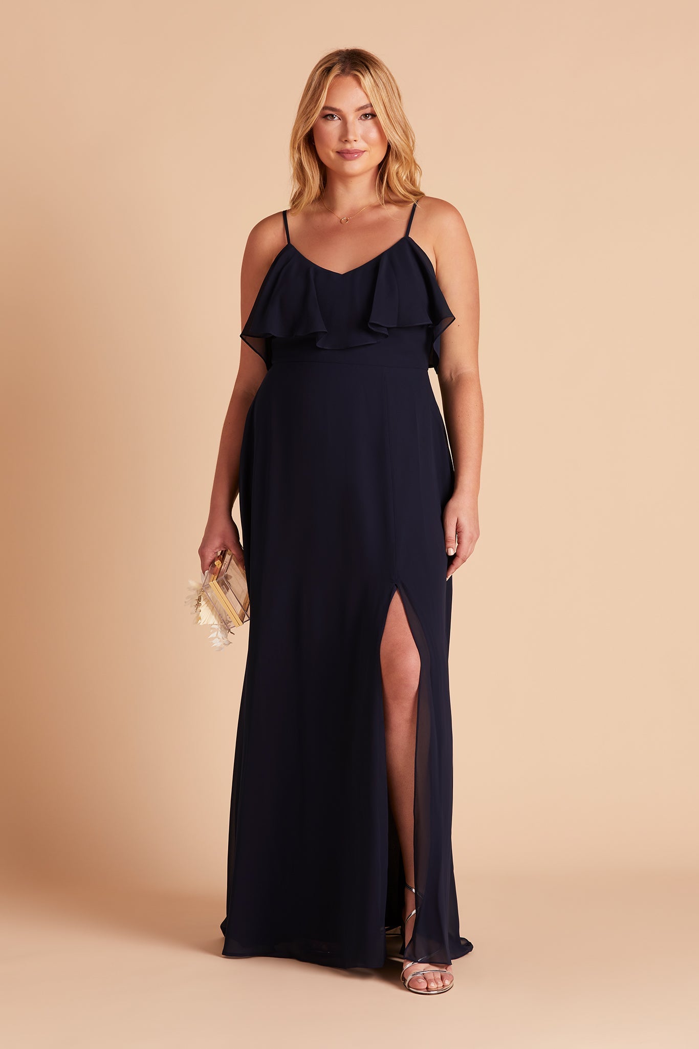 Jane convertible plus size bridesmaid dress with slit in navy blue chiffon by Birdy Grey, front view