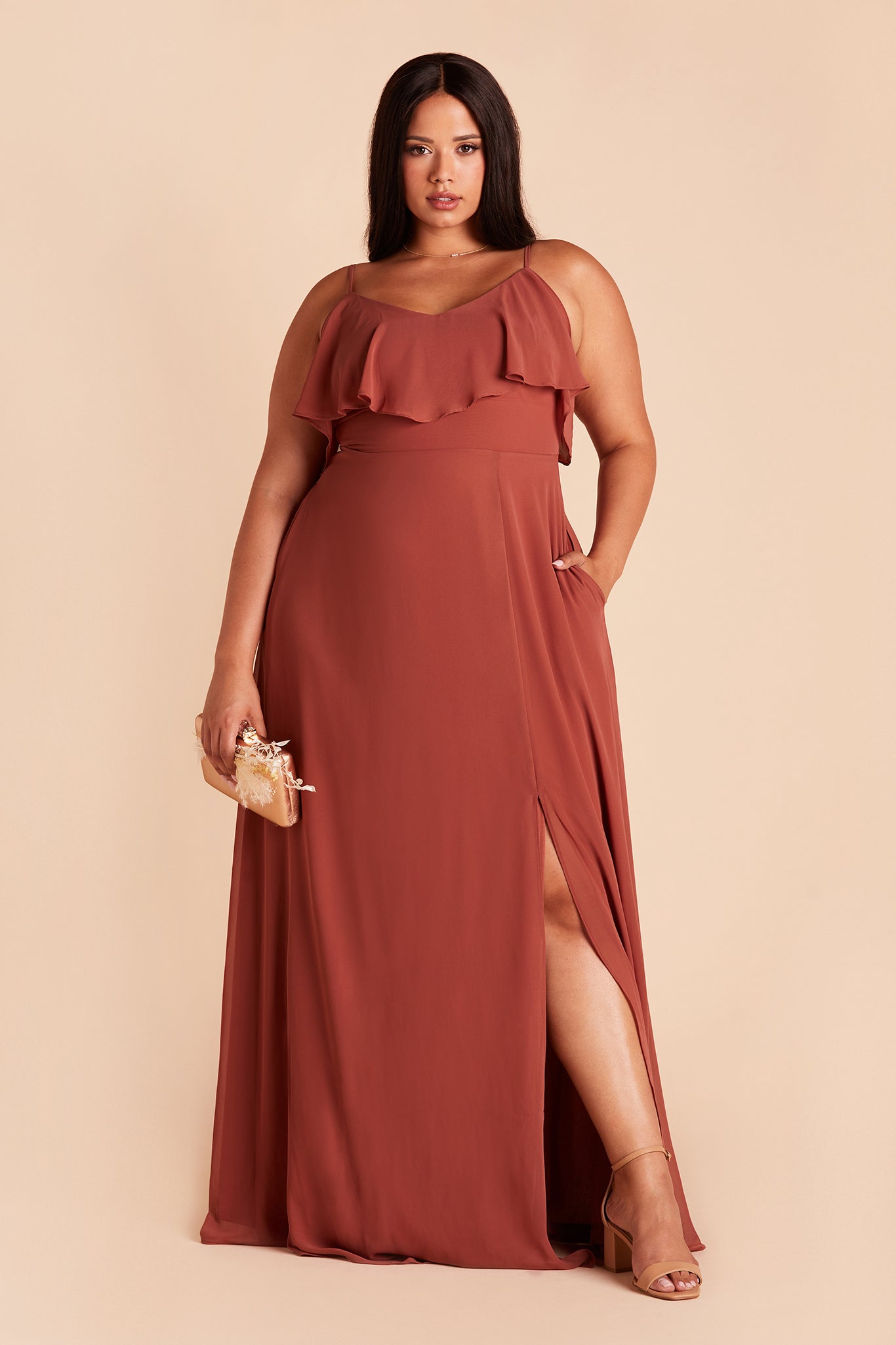 Jane convertible plus size bridesmaid dress with slit in spice chiffon by Birdy Grey, front view