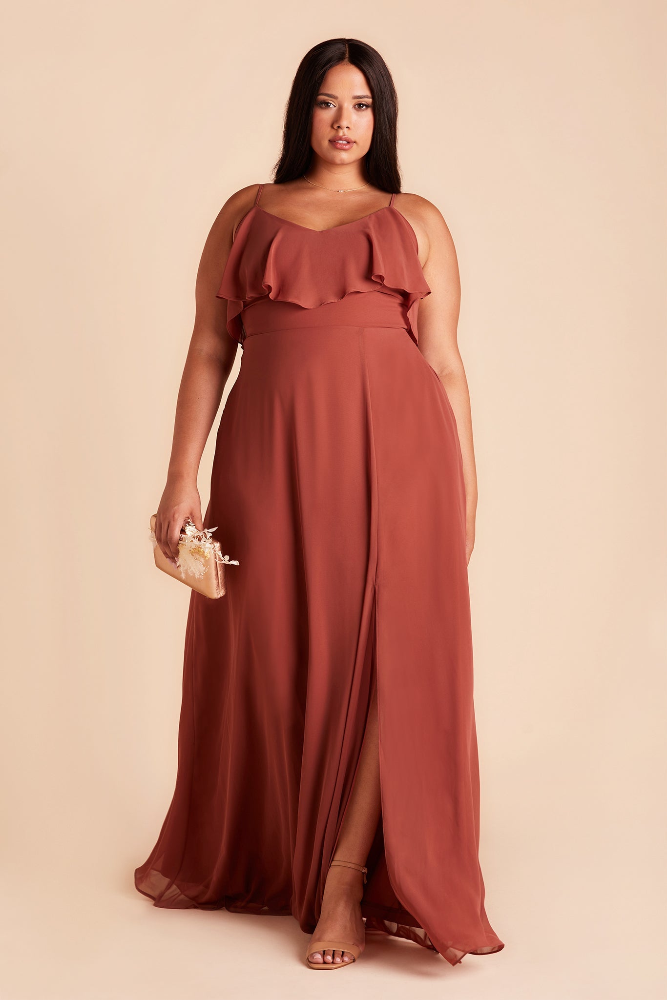Jane convertible plus size bridesmaid dress with slit in spice chiffon by Birdy Grey, front view