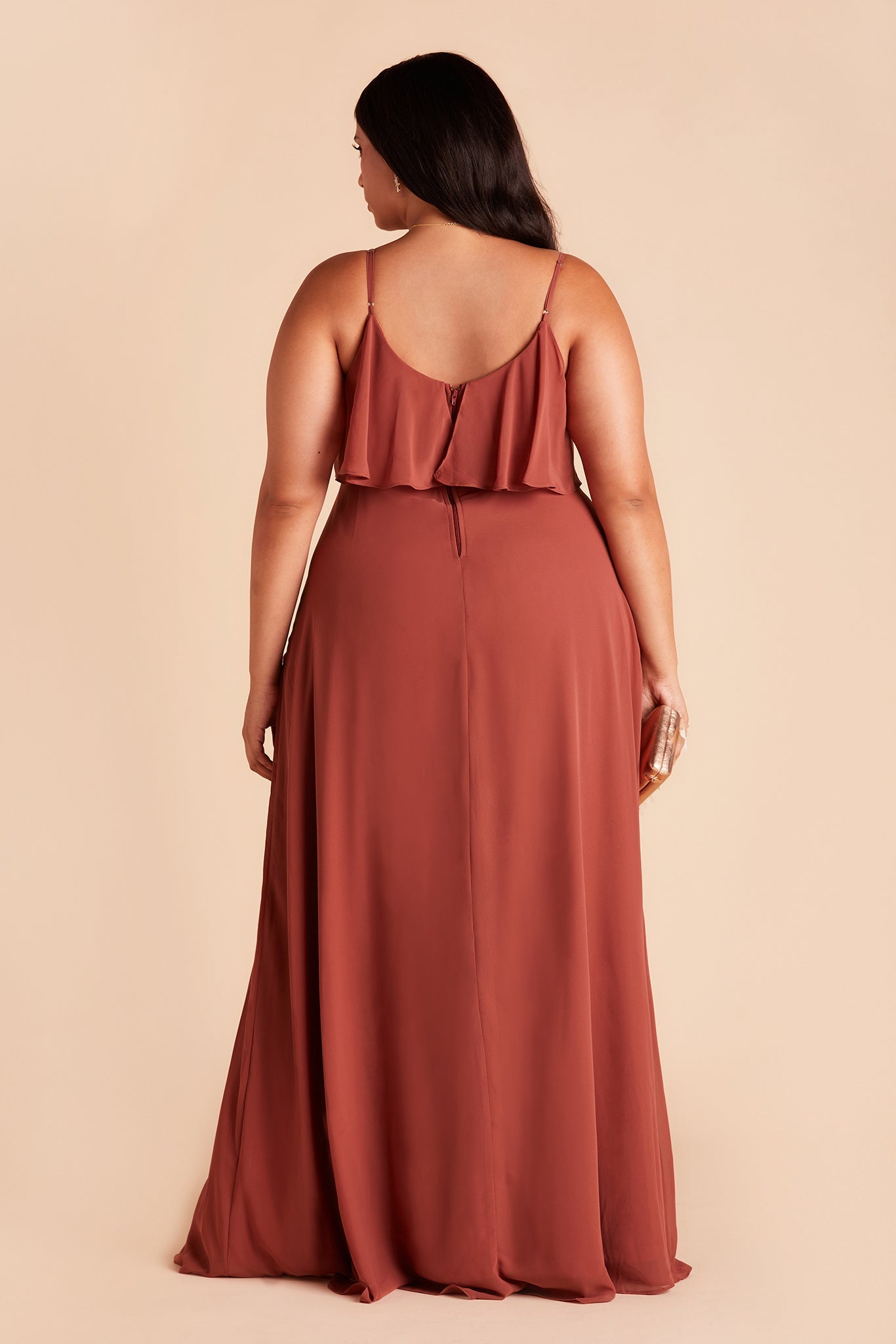 Jane convertible plus size bridesmaid dress with slit in spice chiffon by Birdy Grey, back view