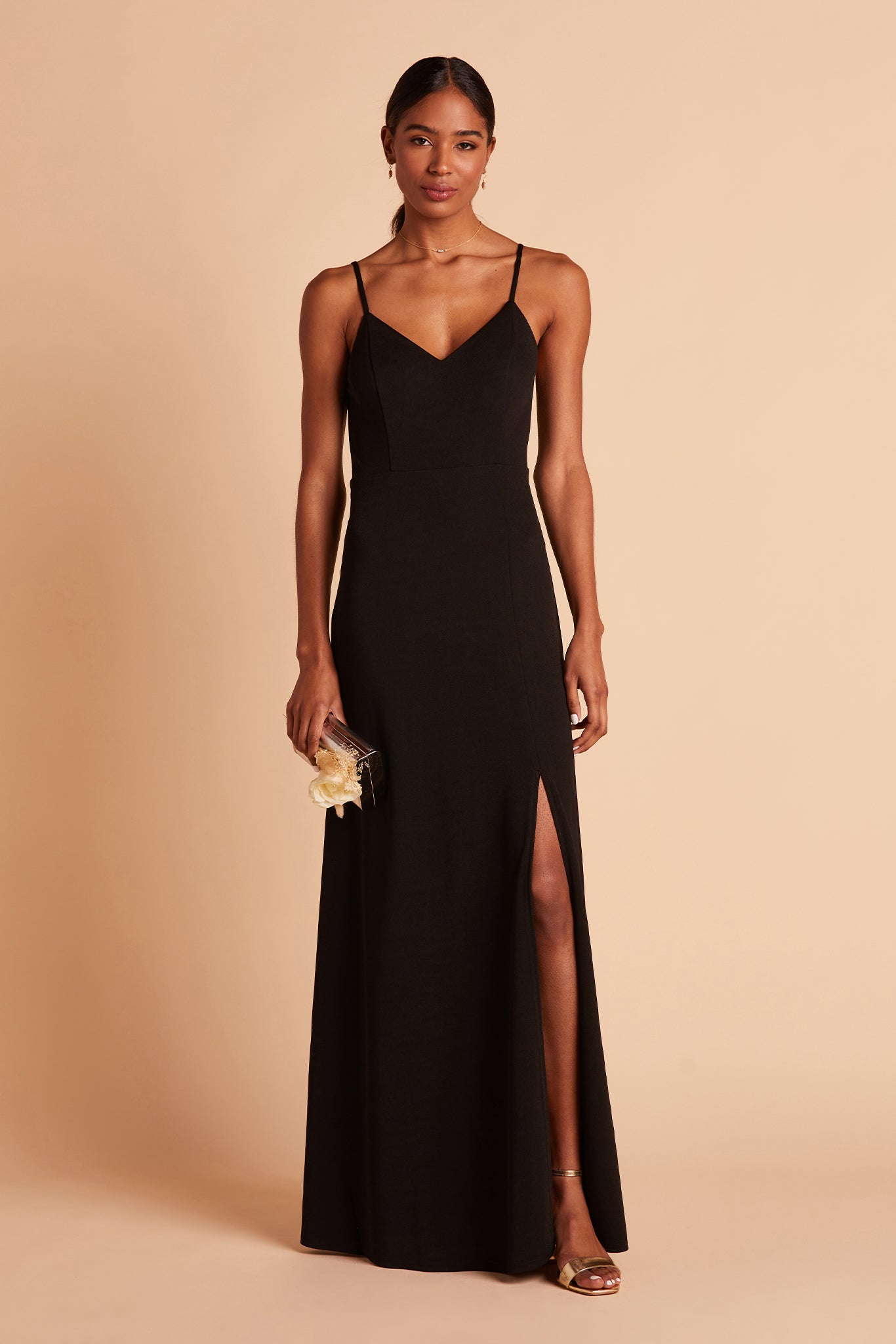 Jay bridesmaid dress with slit in black crepe by Birdy Grey, front view