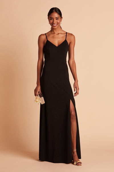 Jay bridesmaid dress with slit in black crepe by Birdy Grey, front view
