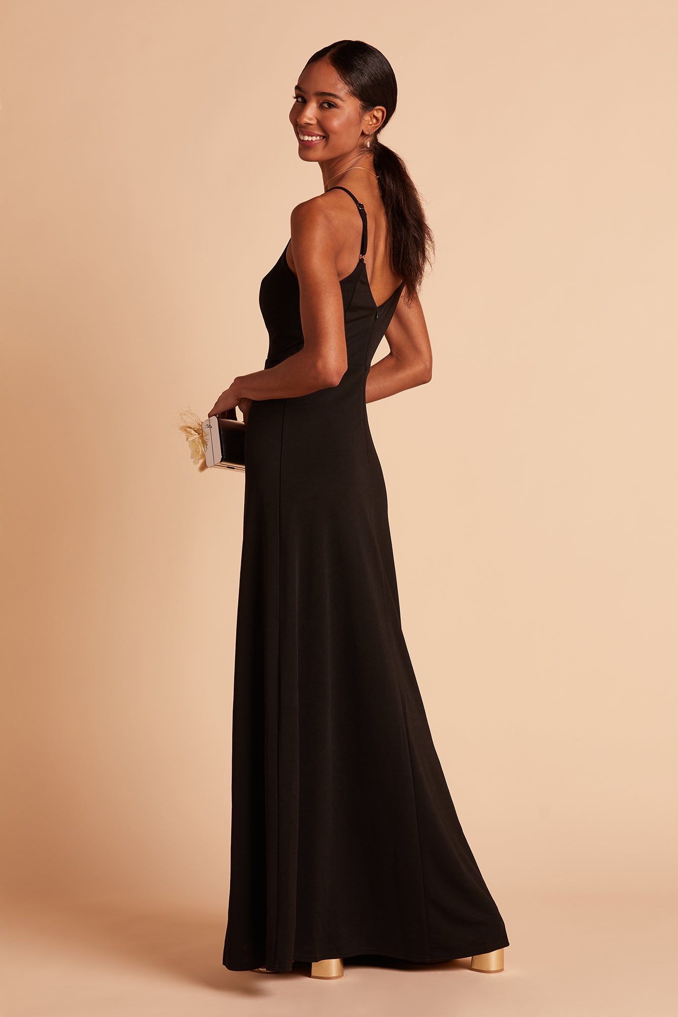Jay bridesmaid dress with slit in black crepe by Birdy Grey, back view