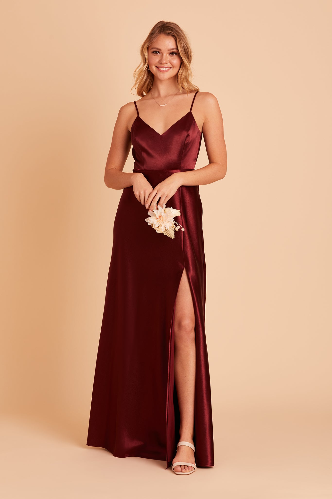 Jay bridesmaid dress with slit in cabernet satin by Birdy Grey, front view
