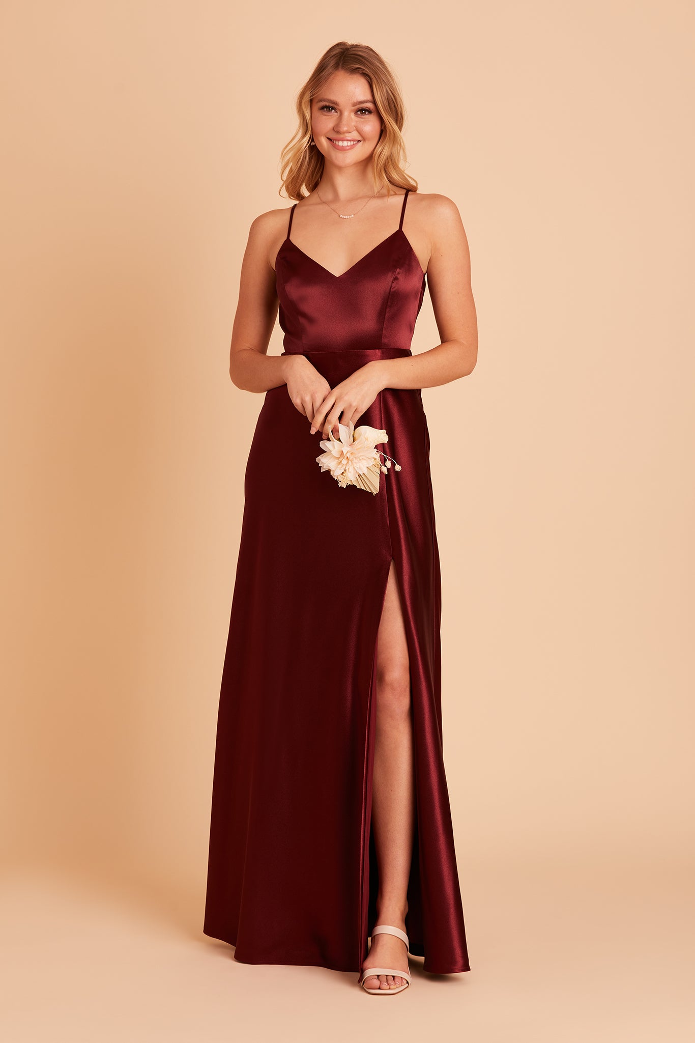 Jay bridesmaid dress with slit in cabernet satin by Birdy Grey, front view