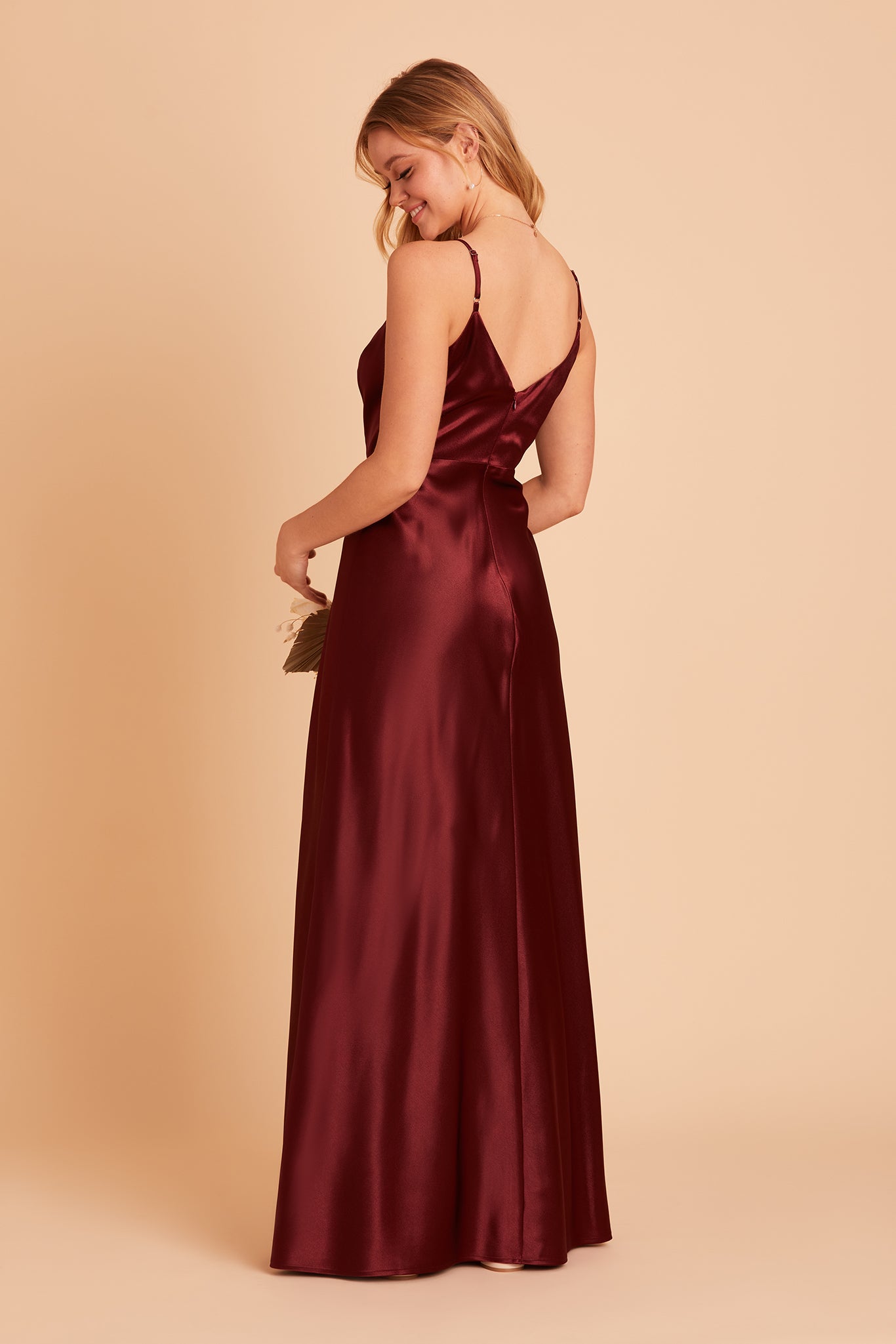 Jay bridesmaid dress with slit in cabernet satin by Birdy Grey, side view
