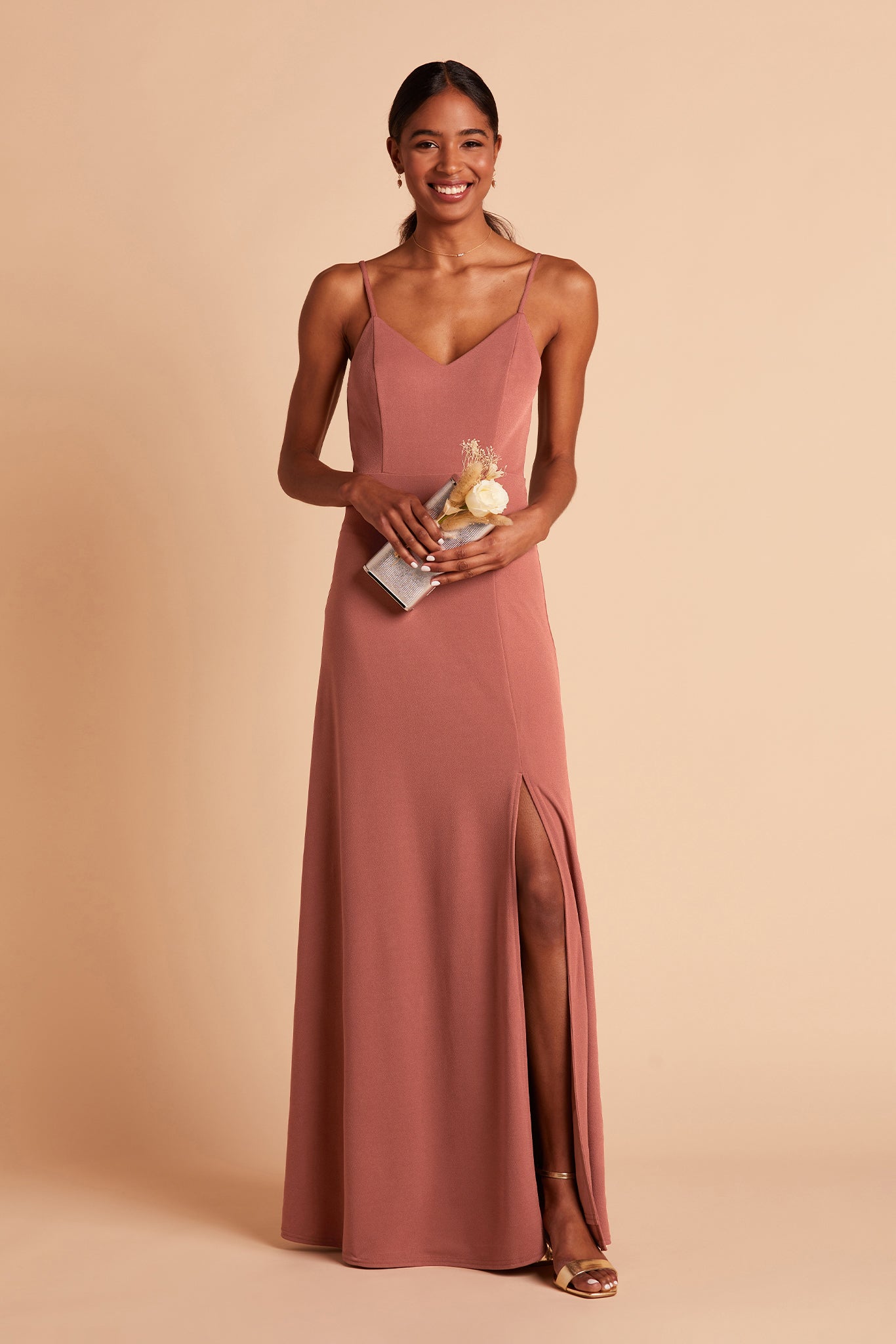 Jay bridesmaid dress with slit in desert rose crepe by Birdy Grey, front view