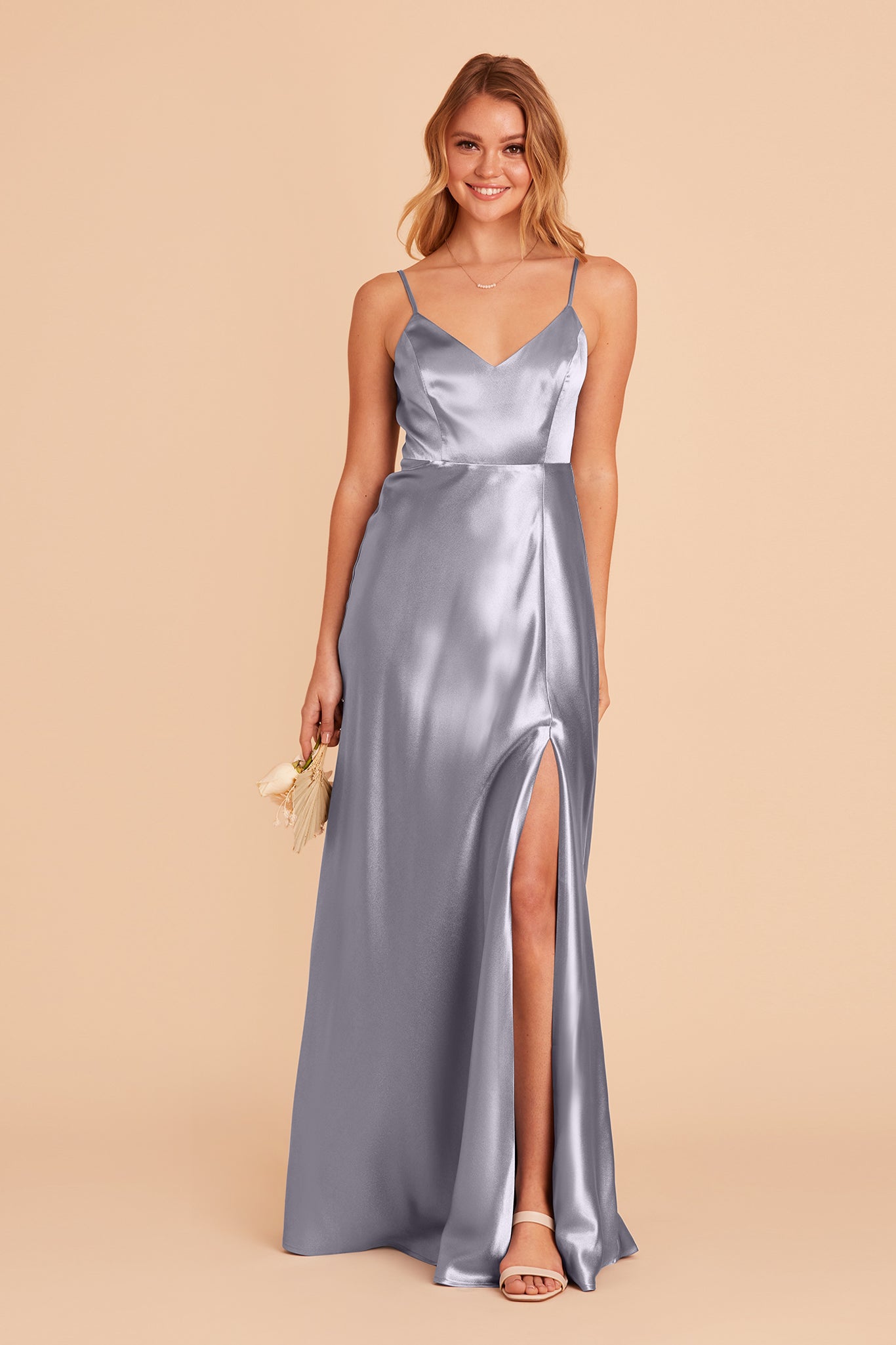Jay bridesmaid dress with slit in dusty blue satin by Birdy Grey, front view