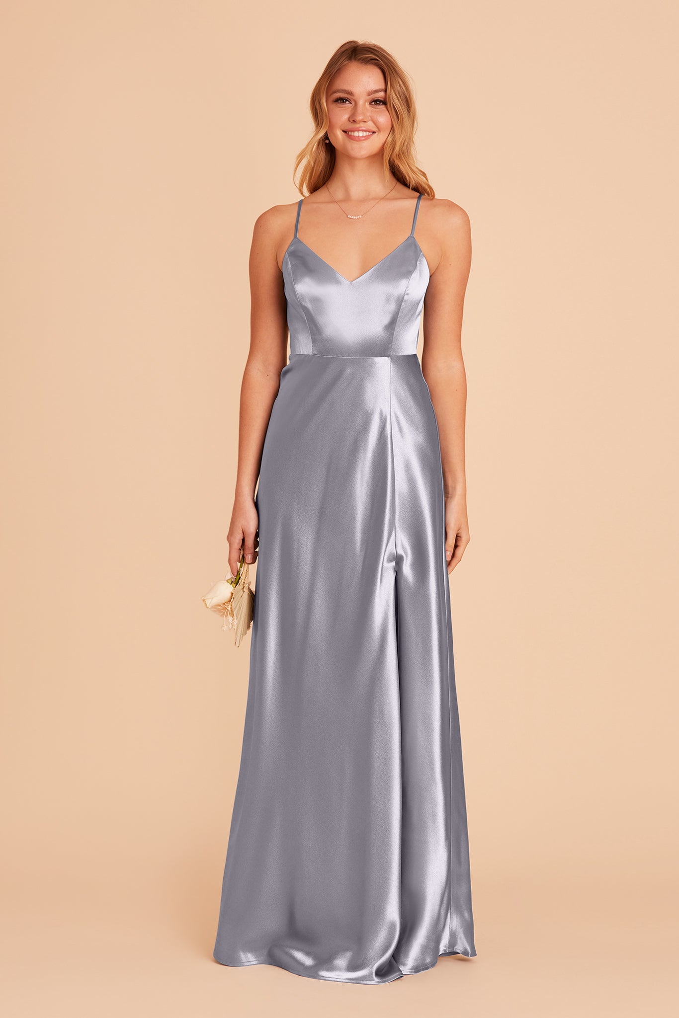 Jay bridesmaid dress with slit in dusty blue satin by Birdy Grey, front view