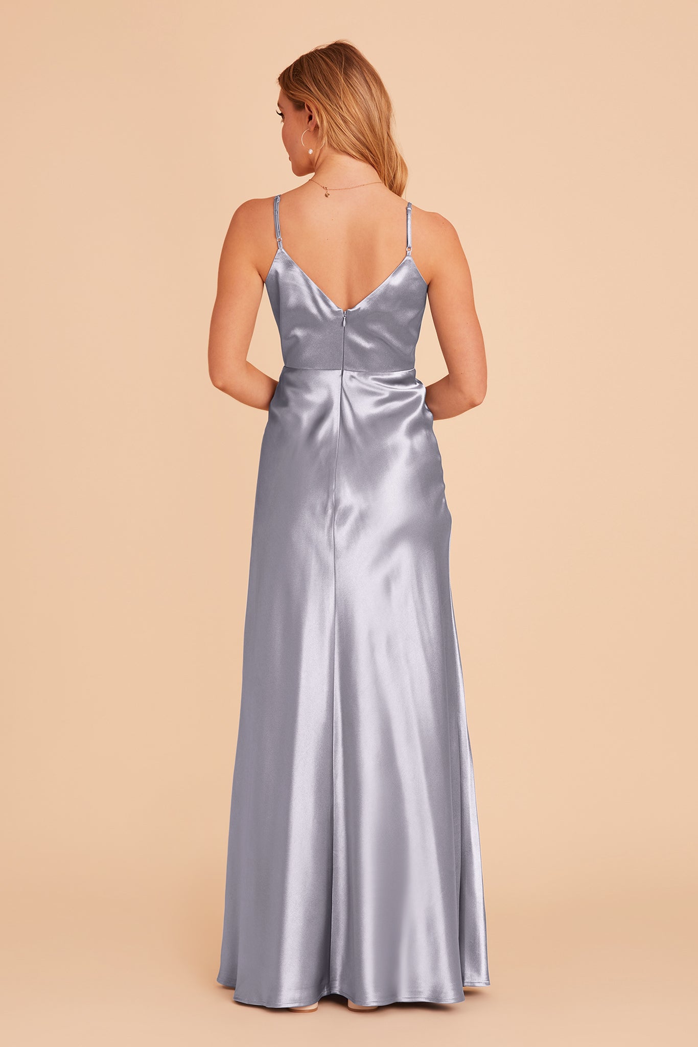 Jay bridesmaid dress with slit in dusty blue satin by Birdy Grey, back view