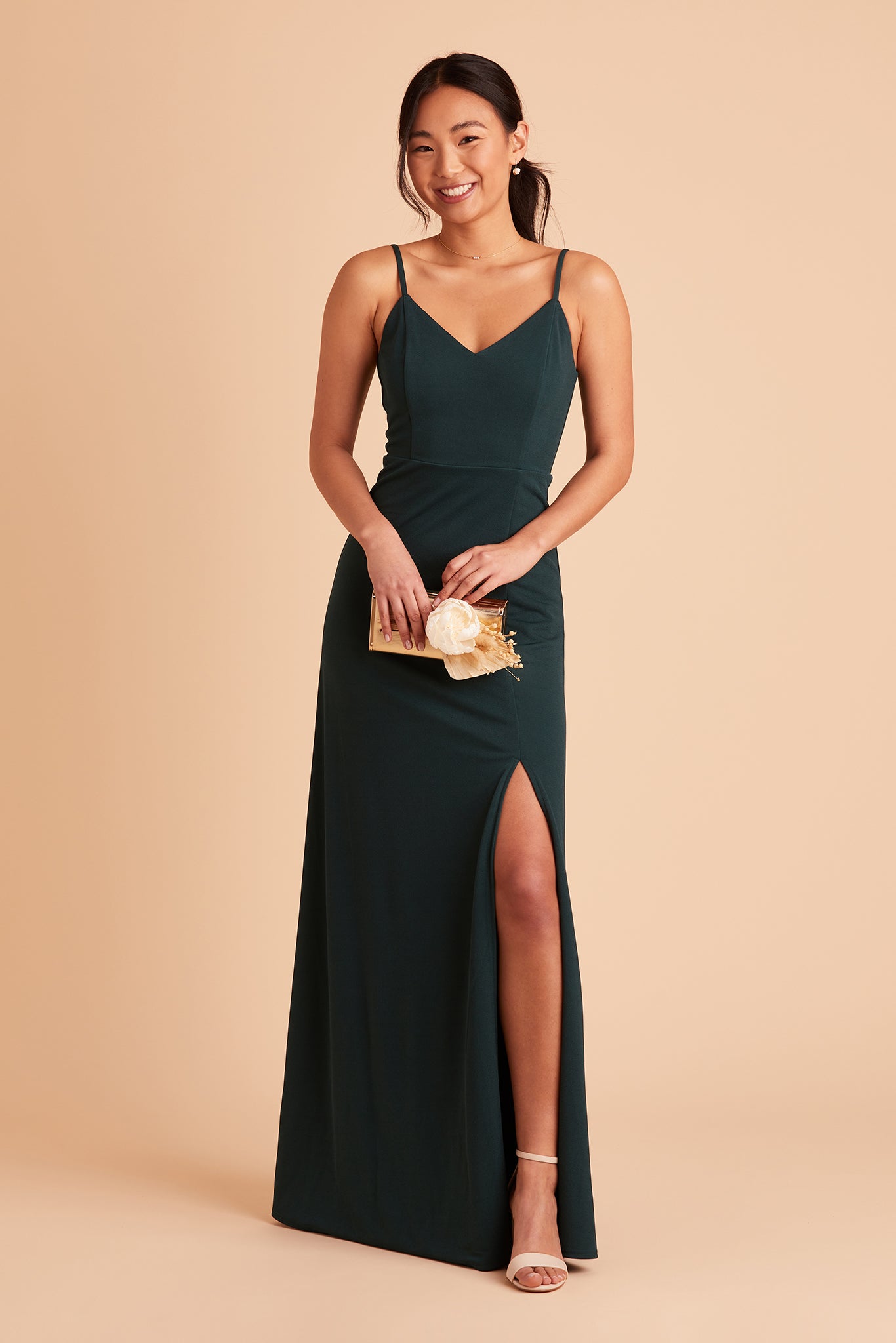Jay bridesmaid dress with slit in emerald crepe by Birdy Grey, front view