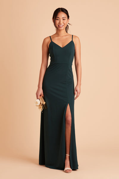 Jay bridesmaid dress with slit in emerald crepe by Birdy Grey, front view