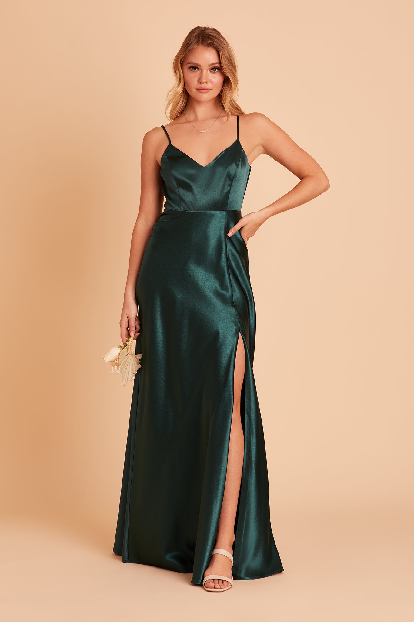 Jay bridesmaid dress with slit in emerald satin by Birdy Grey, front view