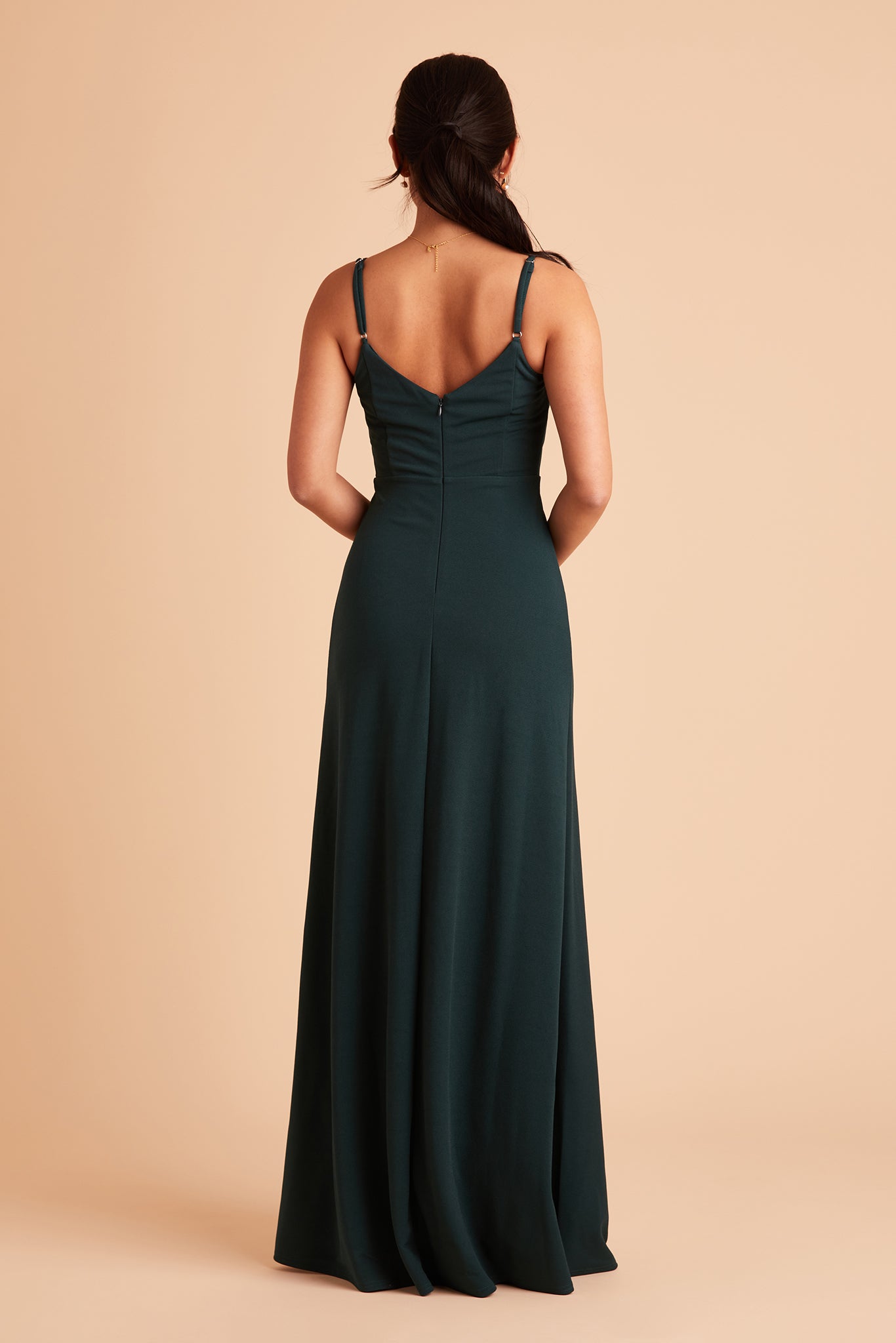 Jay bridesmaid dress with slit in emerald crepe by Birdy Grey, back view