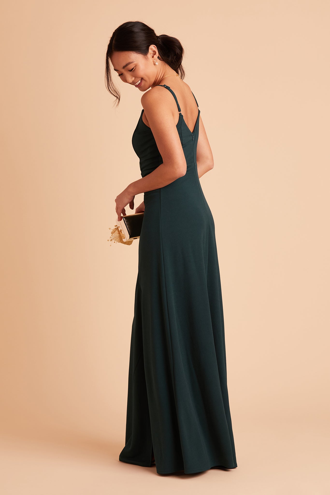 Jay bridesmaid dress with slit in emerald crepe by Birdy Grey, side view