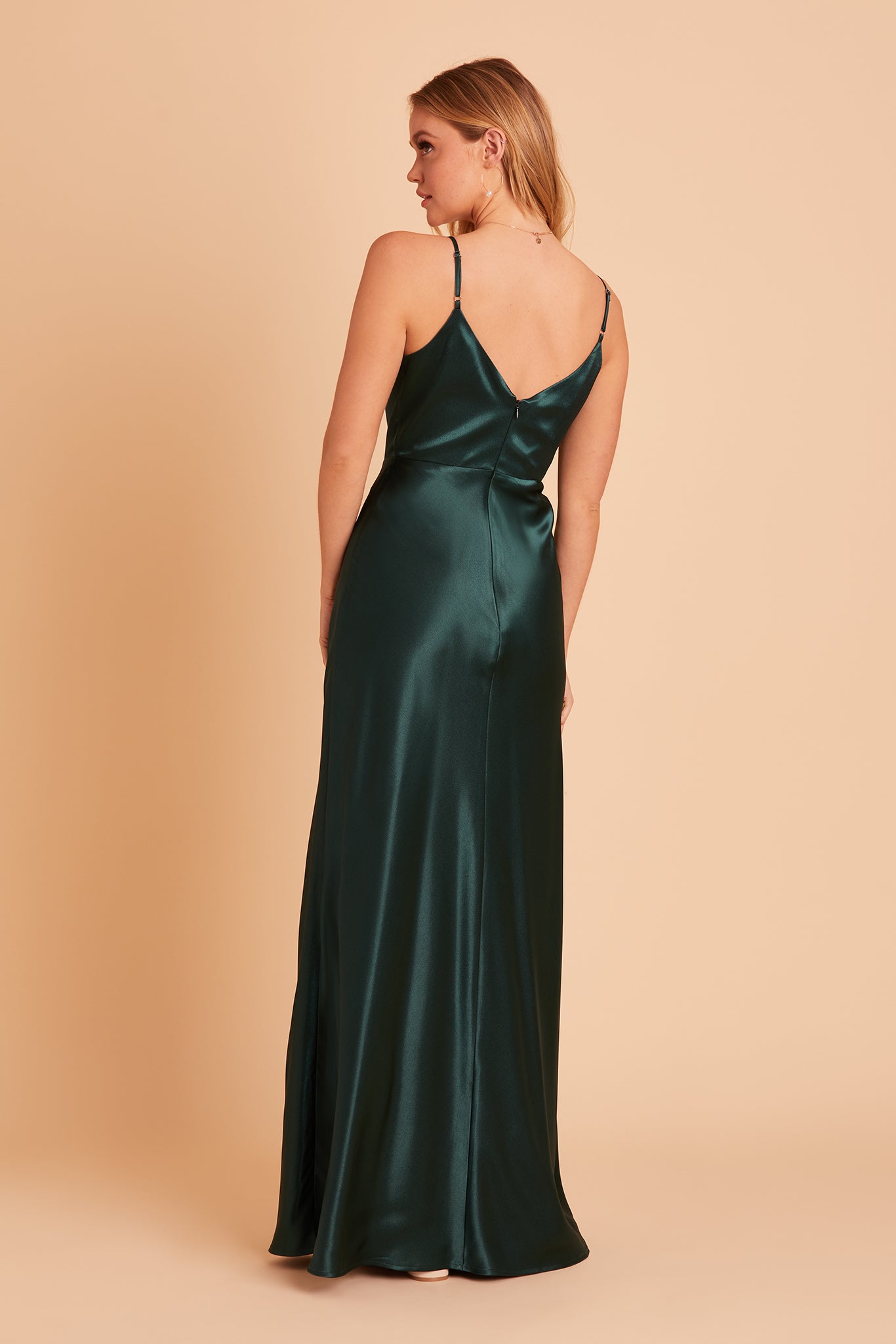 Jay bridesmaid dress with slit in emerald satin by Birdy Grey, back view