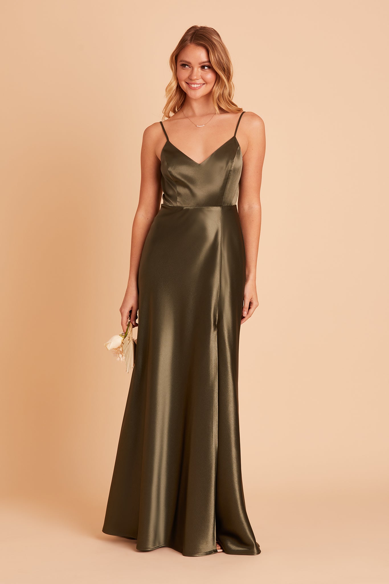 Jay bridesmaid dress with slit in olive satin by Birdy Grey, front view
