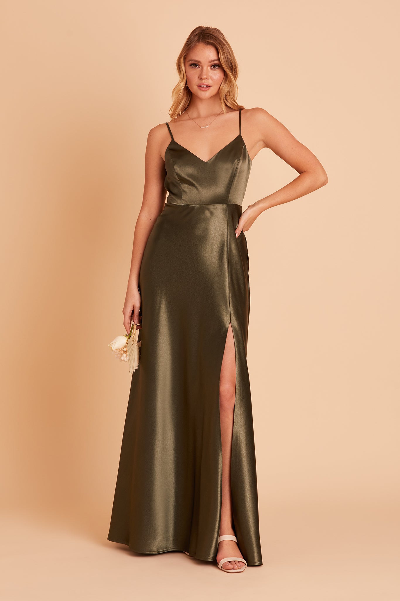 Jay bridesmaid dress with slit in olive satin by Birdy Grey, front view