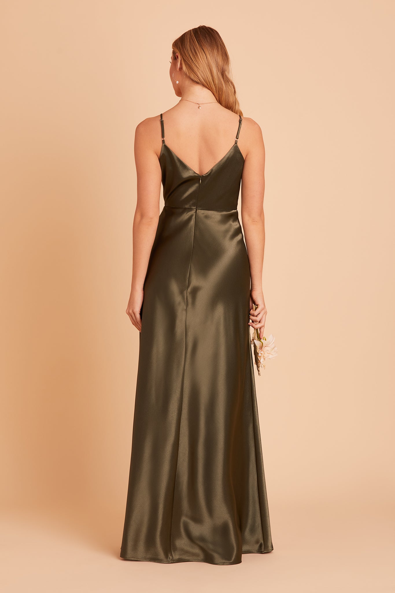 Jay bridesmaid dress with slit in olive satin by Birdy Grey, back view