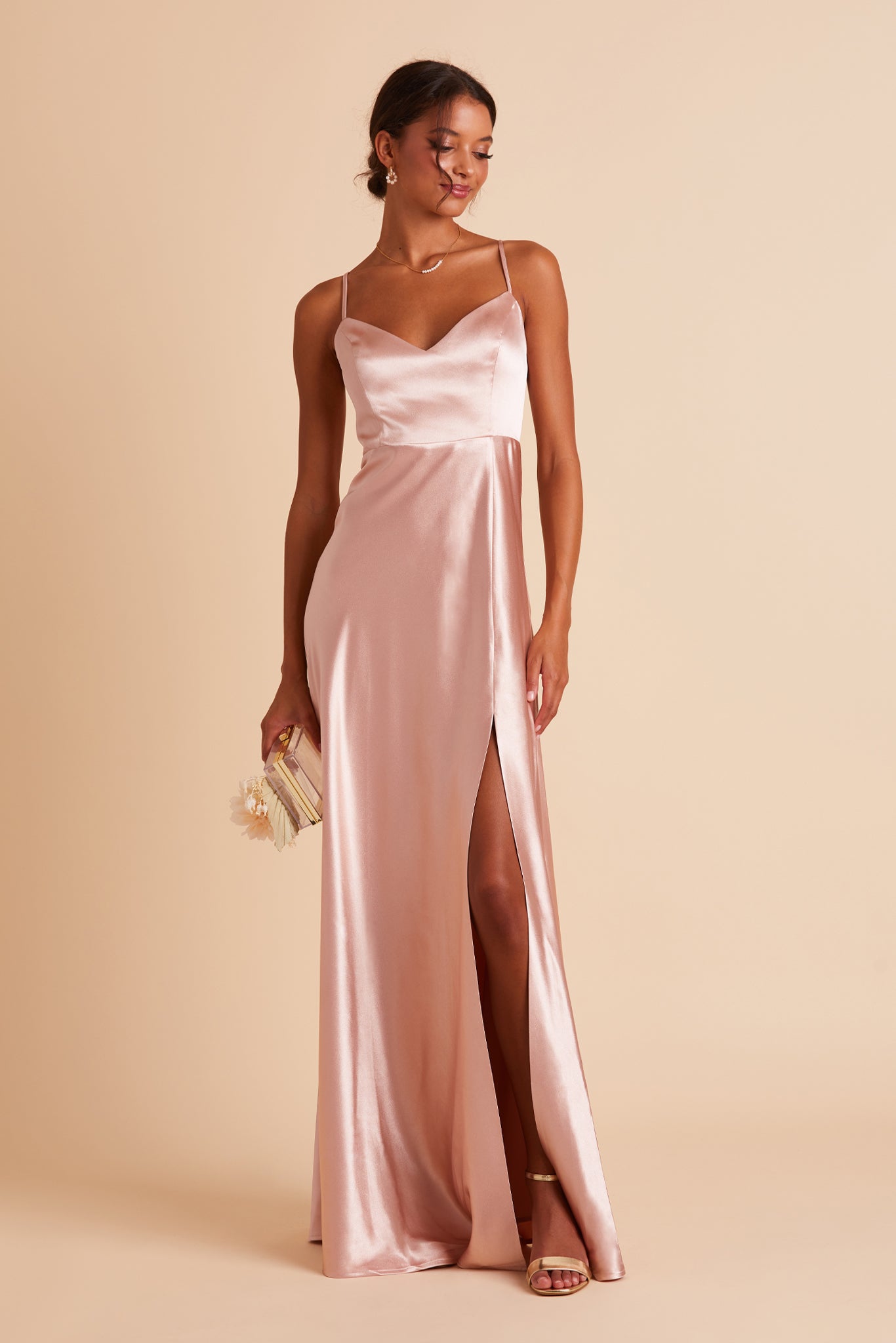Jay bridesmaid dress with slit in rose gold satin by Birdy Grey, front view