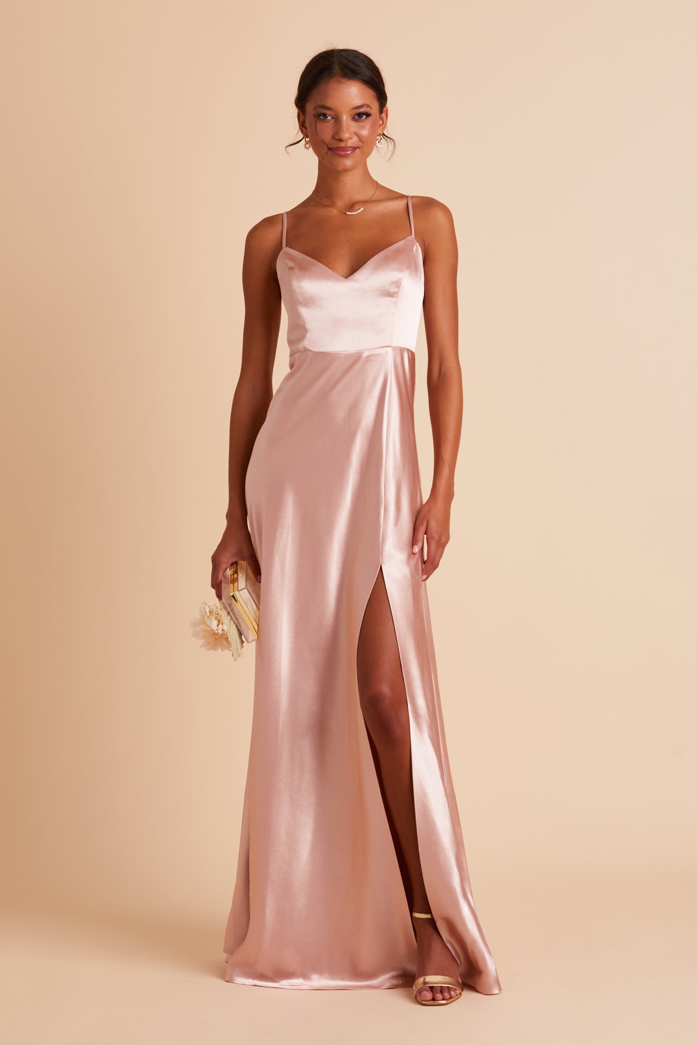 Jay bridesmaid dress with slit in rose gold satin by Birdy Grey, front view