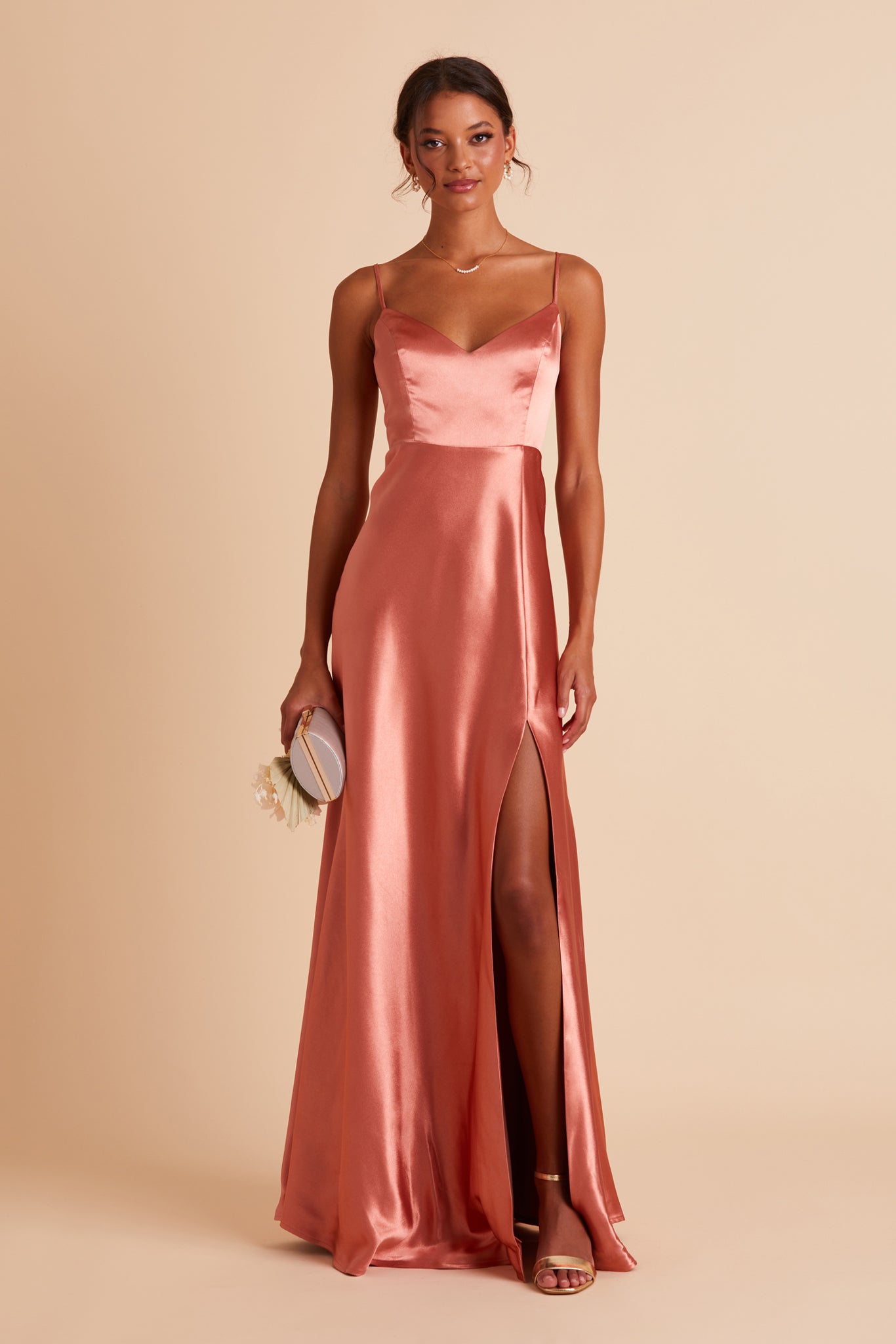 Jay bridesmaid dress with slit in terracotta satin by Birdy Grey, front view