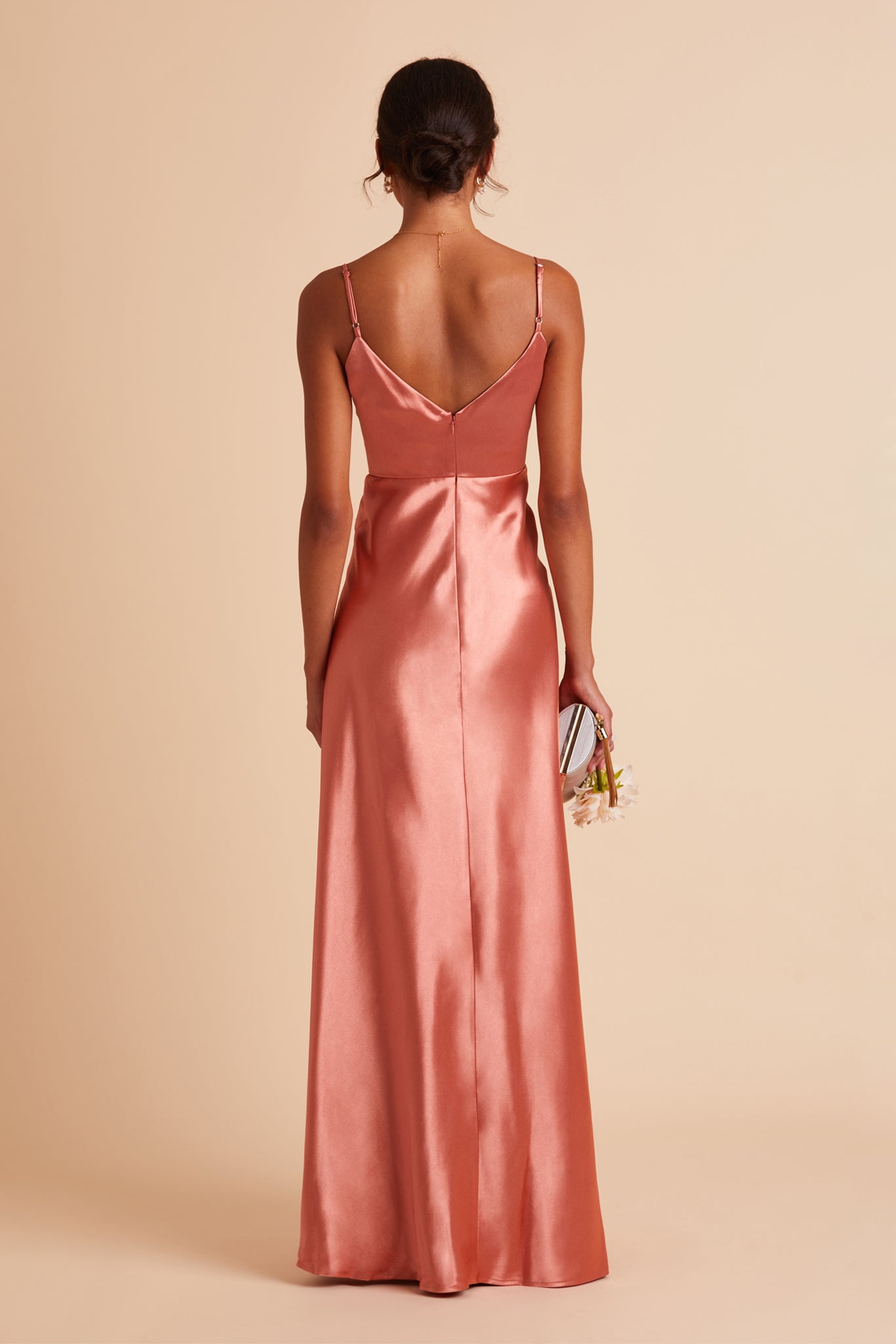 Jay bridesmaid dress with slit in terracotta satin by Birdy Grey, back view