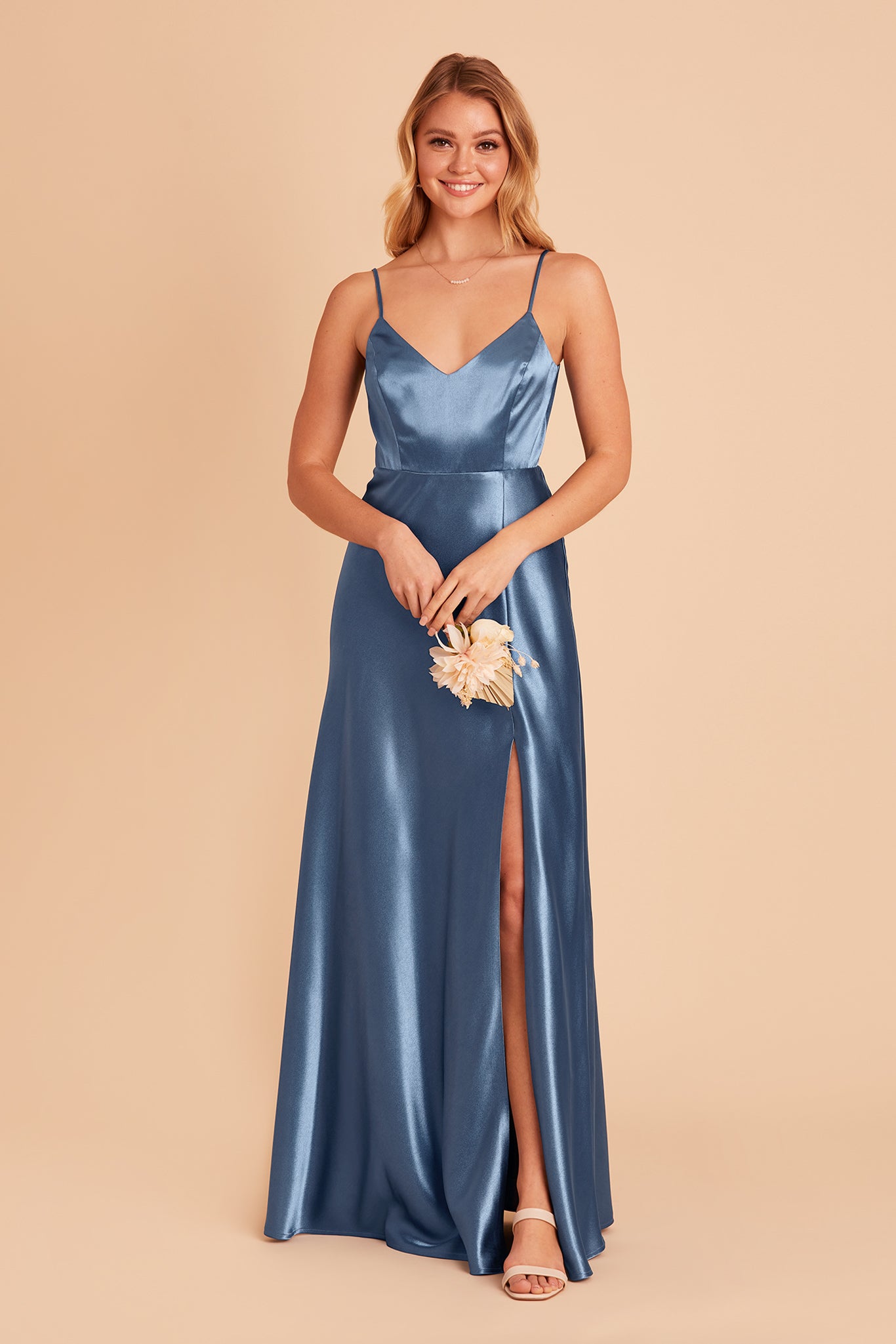 Jay bridesmaid dress with slit in twilight satin by Birdy Grey, front view