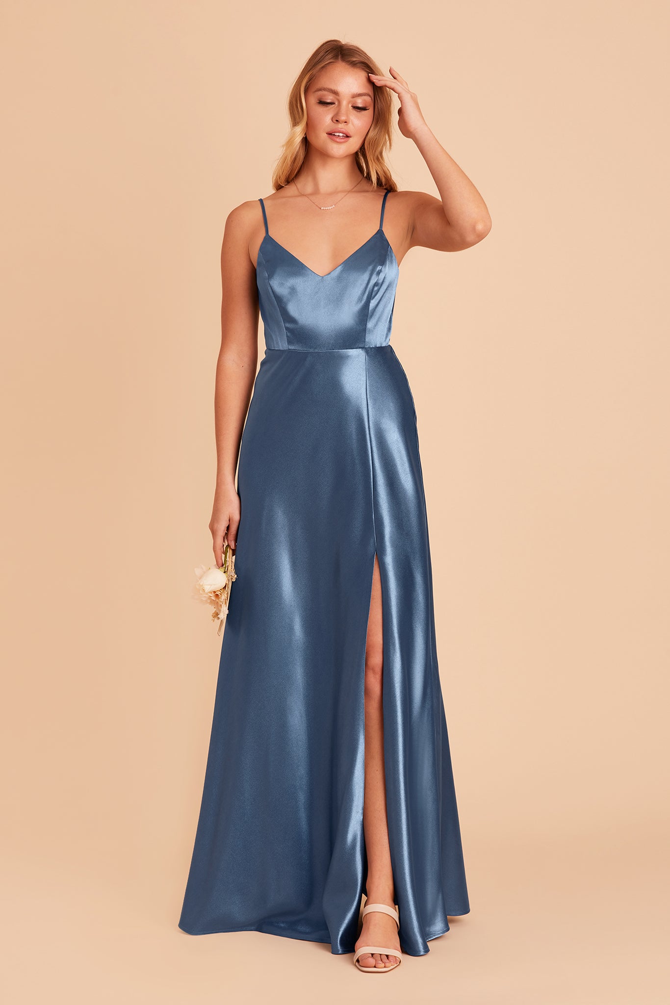 Jay bridesmaid dress with slit in twilight satin by Birdy Grey, front view