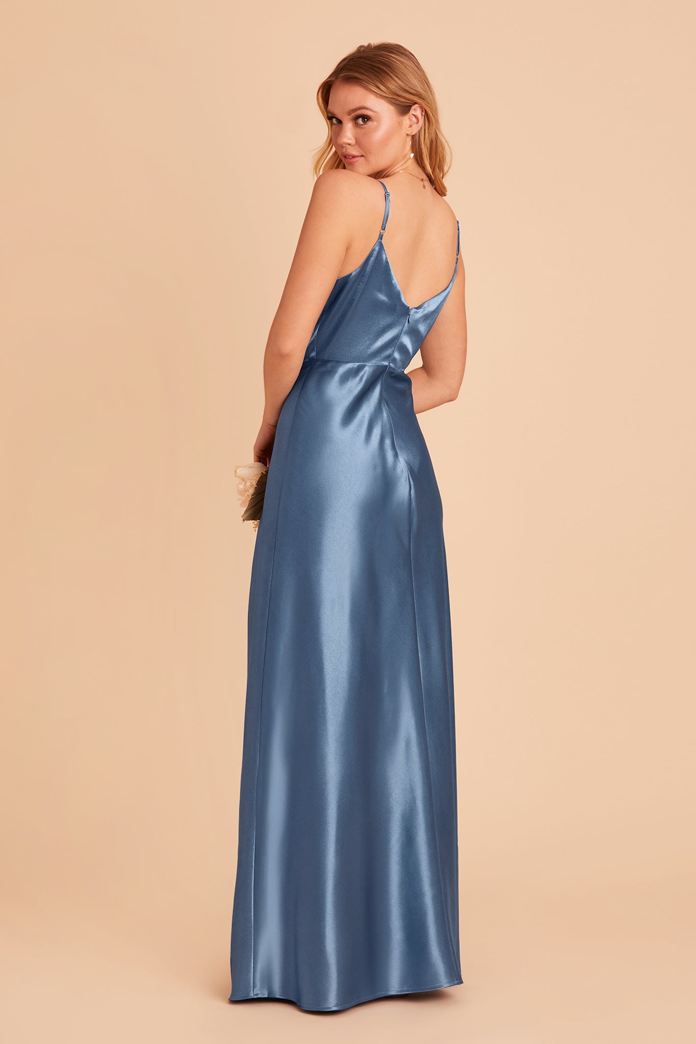 Jay bridesmaid dress with slit in twilight satin by Birdy Grey, back view