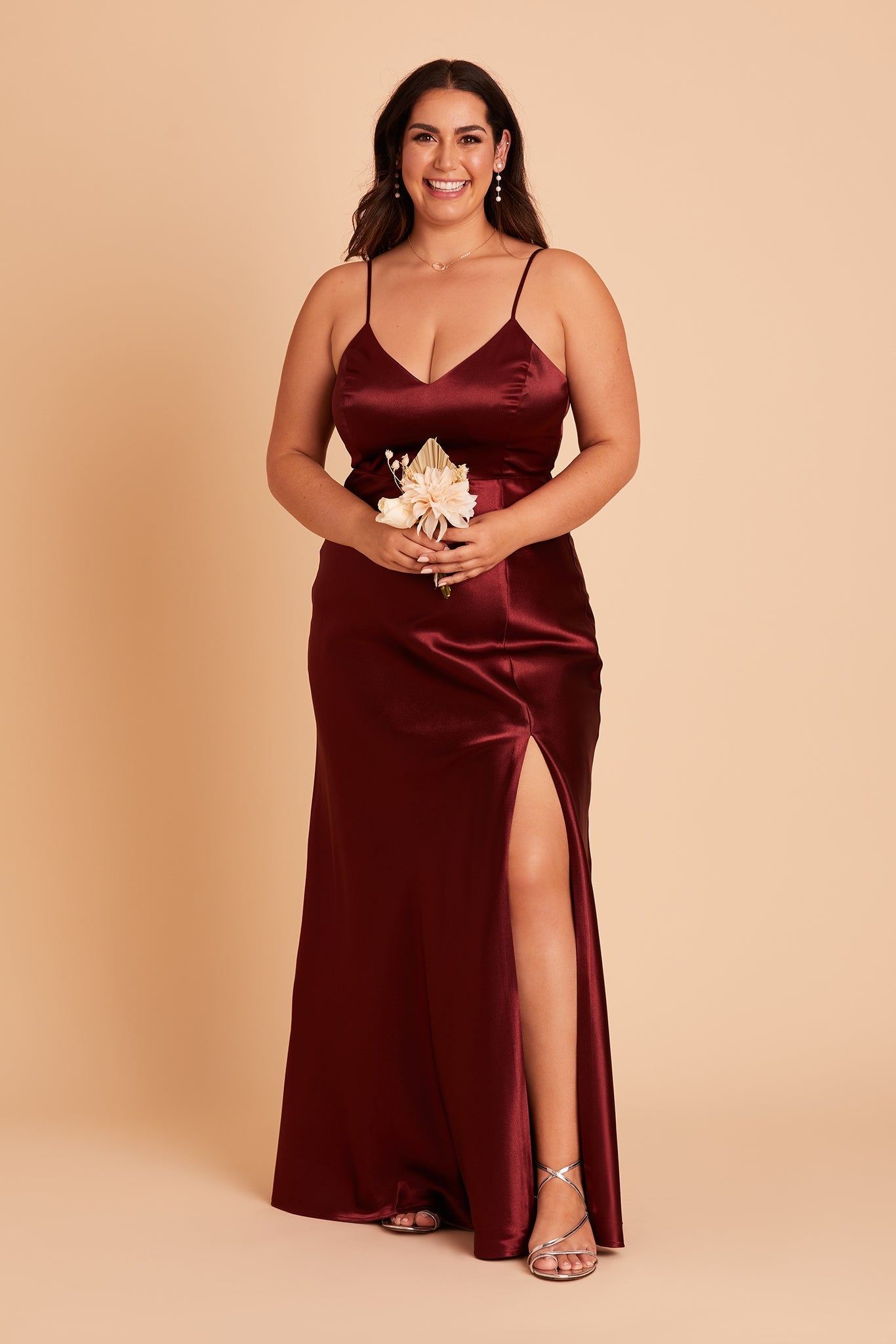 Jay plus size bridesmaid dress with slit in cabernet satin by Birdy Grey, front view