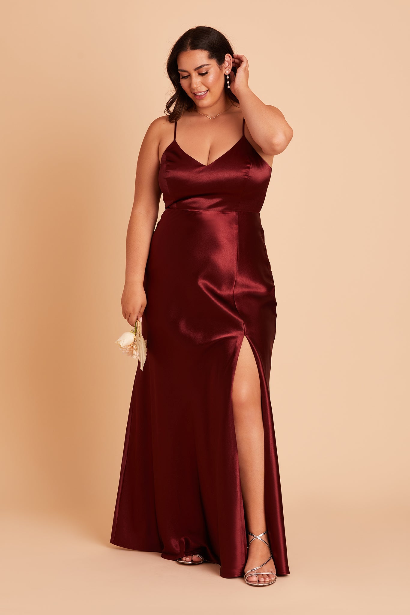 Jay plus size bridesmaid dress with slit in cabernet satin by Birdy Grey, front view