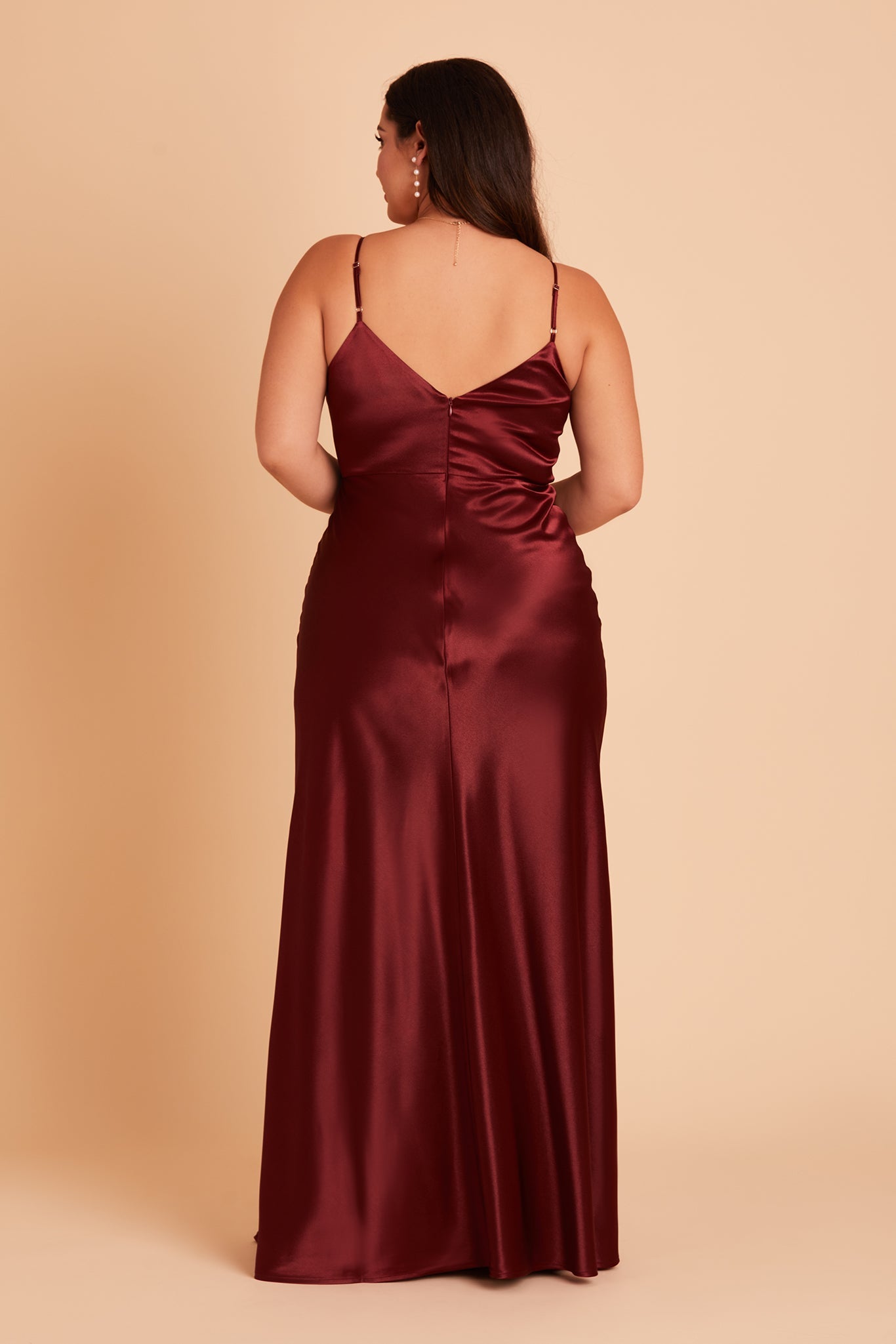 Jay plus size bridesmaid dress with slit in cabernet satin by Birdy Grey, back view