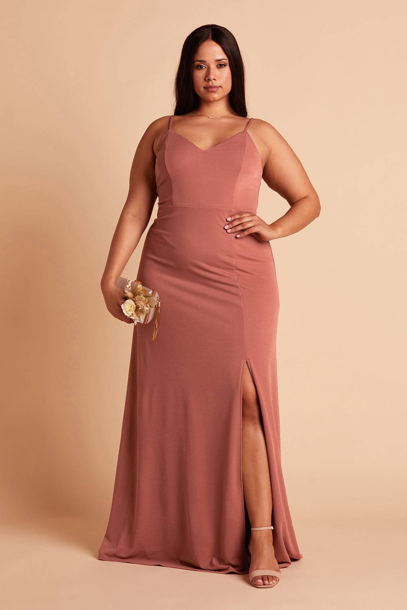 Jay plus size bridesmaid dress with slit in desert rose crepe by Birdy Grey, front view