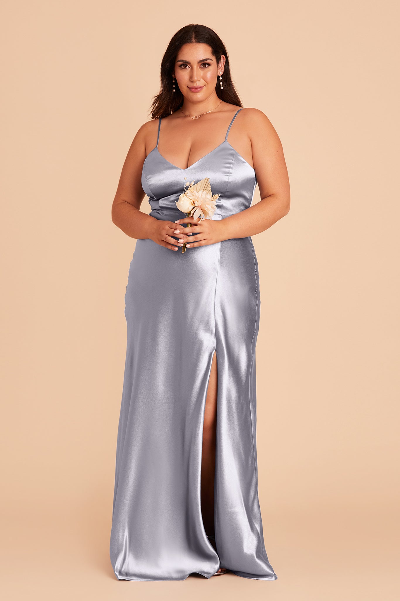 ay plus size bridesmaid dress with slit in dusty blue satin by Birdy Grey, front view