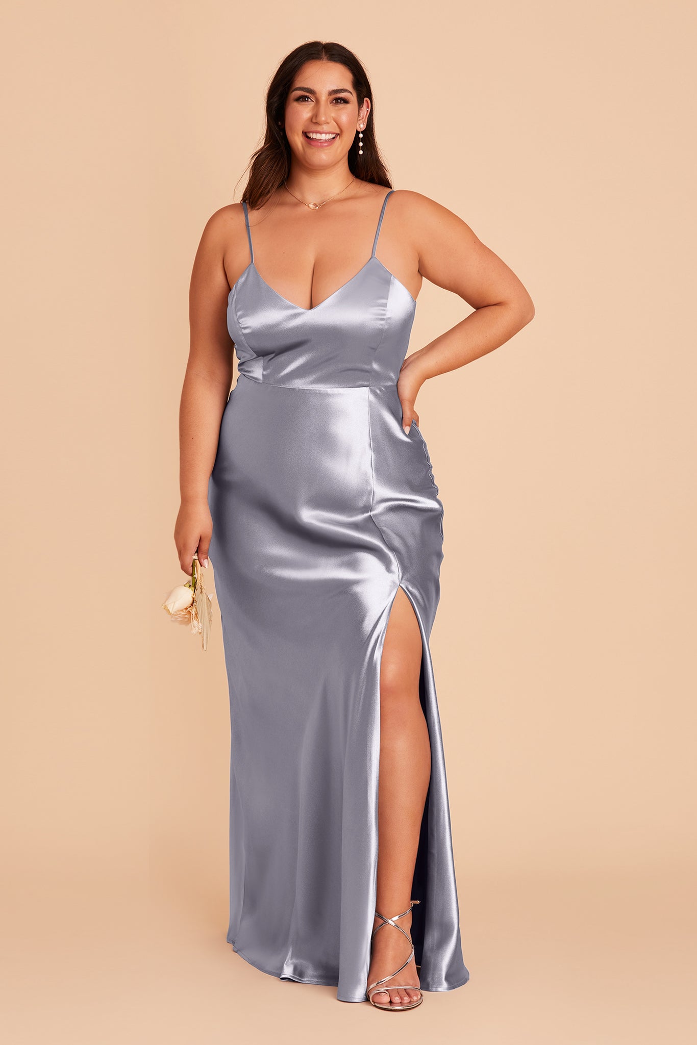 Jay plus size bridesmaid dress with slit in dusty blue satin by Birdy Grey, front view