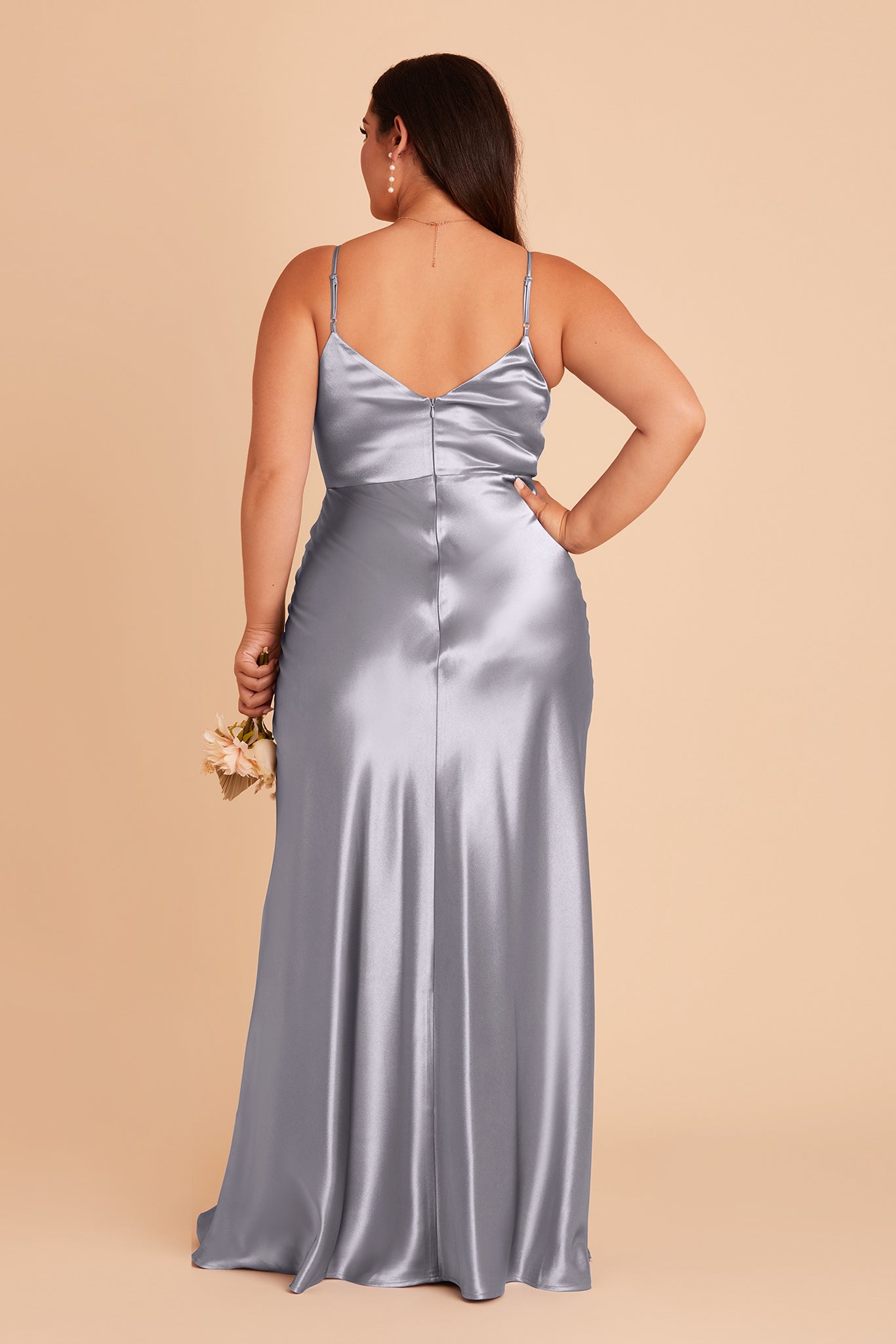 Jay plus size bridesmaid dress with slit in dusty blue satin by Birdy Grey, back view