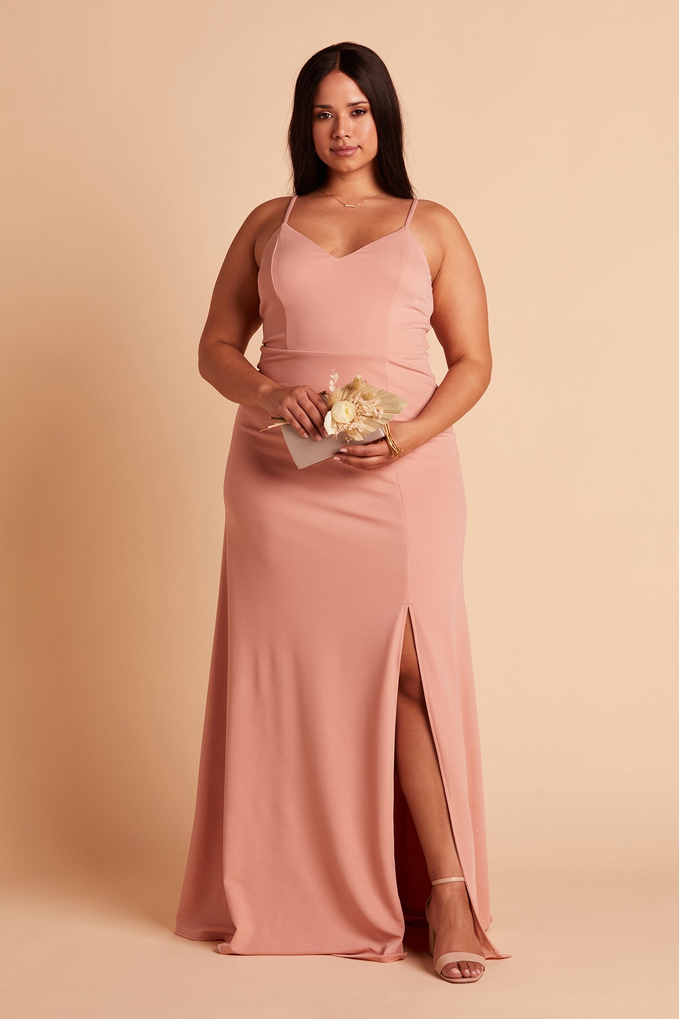 Jay plus size bridesmaid dress with slit in dusty rose crepe by Birdy Grey, front view