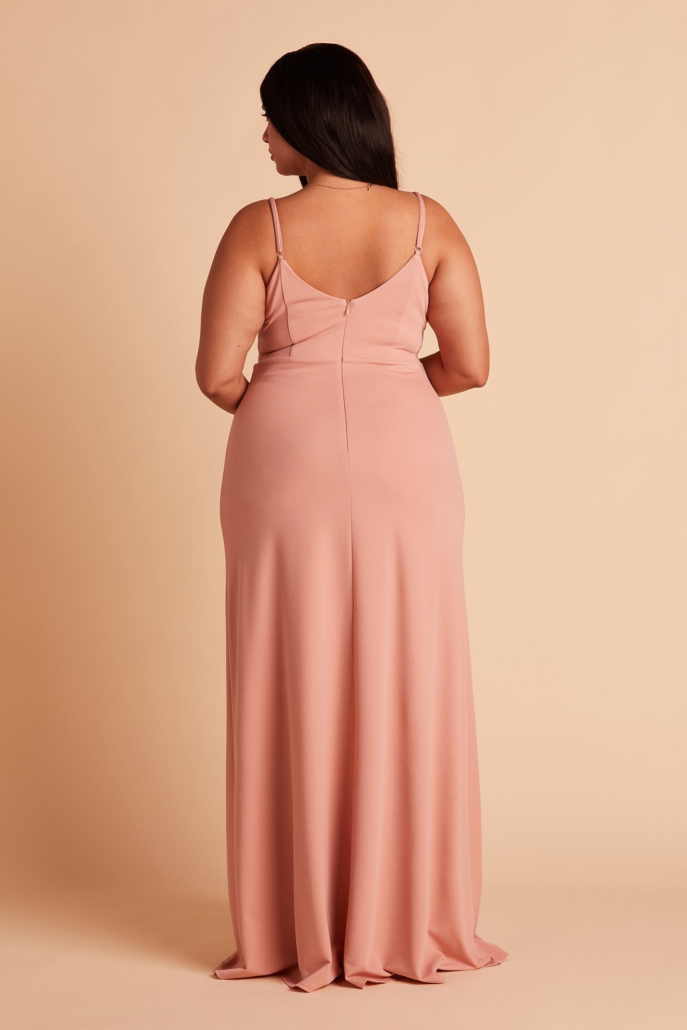 Jay plus size bridesmaid dress with slit in dusty rose crepe by Birdy Grey, back view
