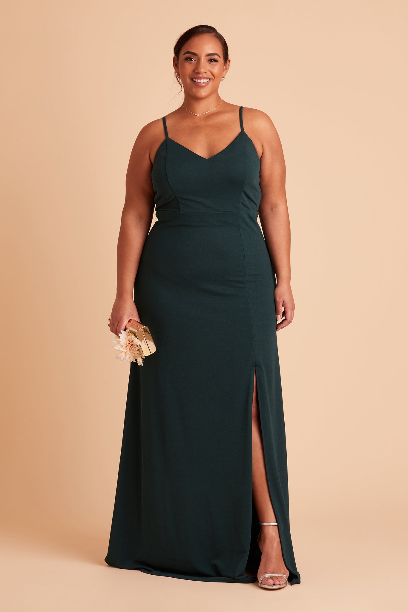 Jay plus size bridesmaid dress with slit in emerald crepe by Birdy Grey, front view