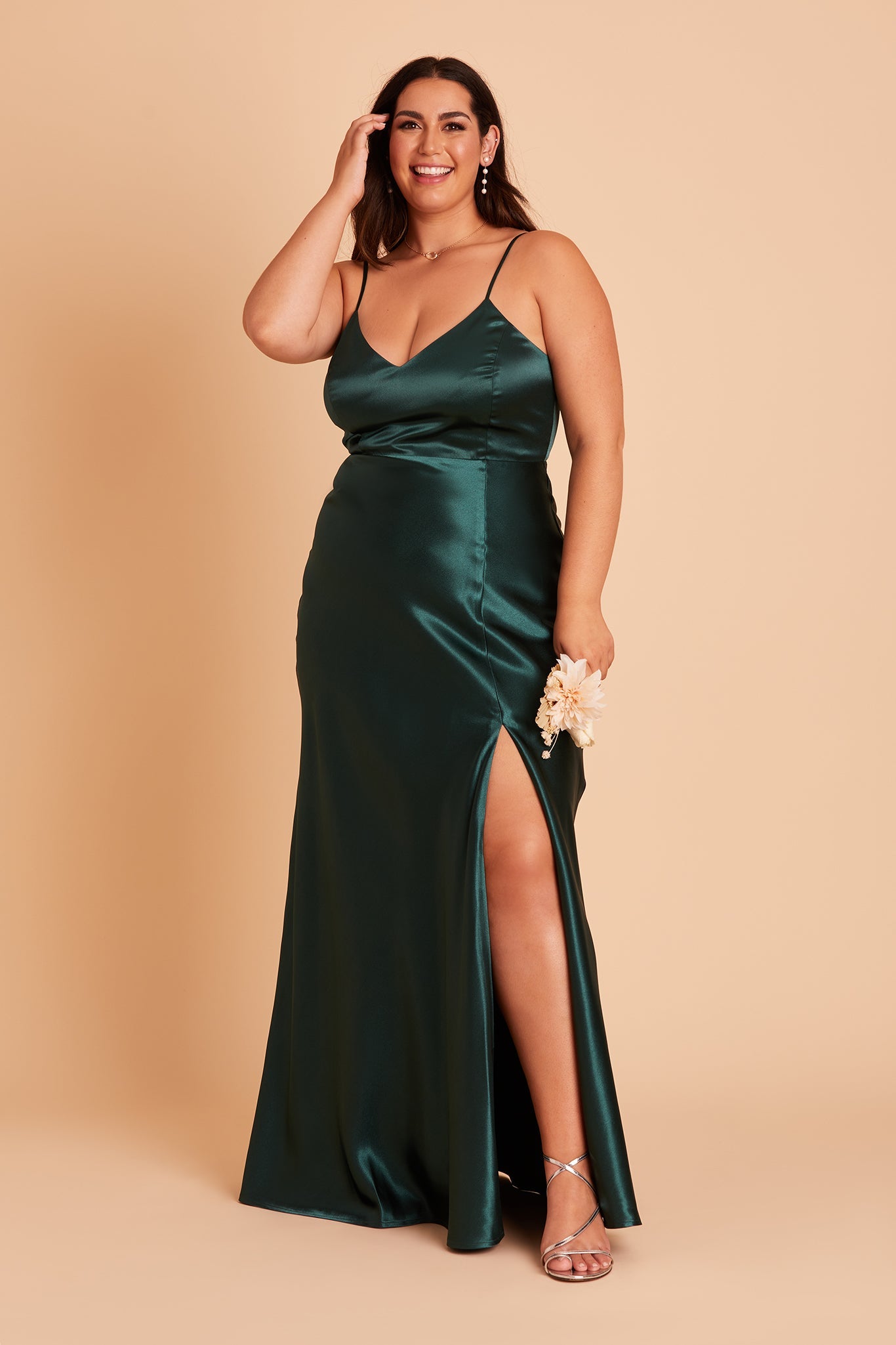 Jay plus size bridesmaid dress with slit in emerald satin by Birdy Grey, front view