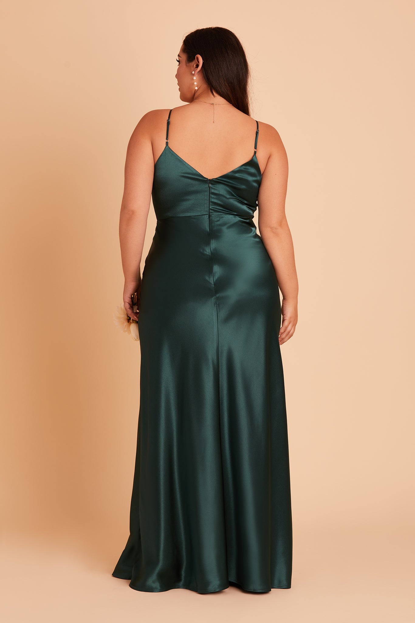 Jay plus size bridesmaid dress with slit in emerald satin by Birdy Grey, back view