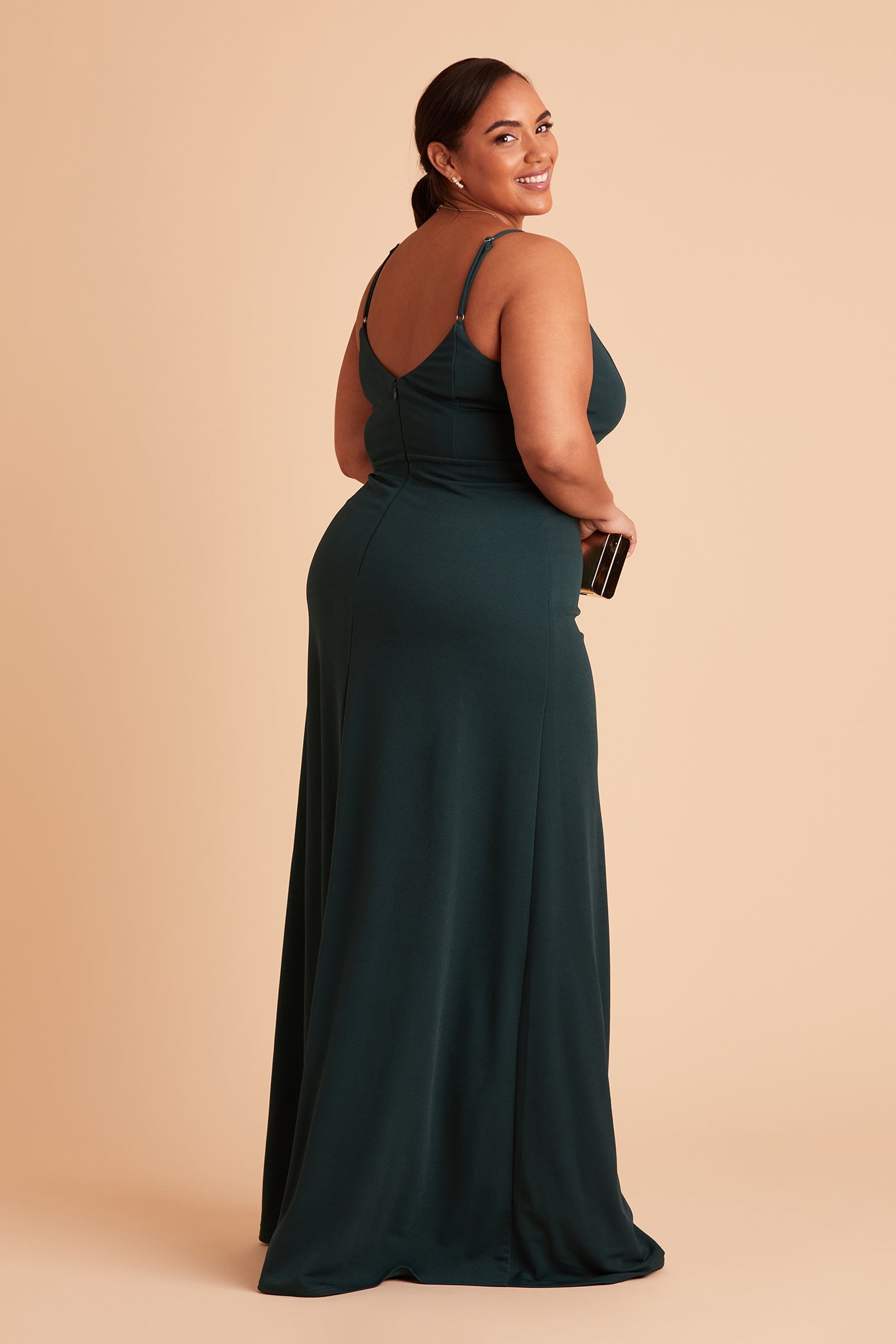 Jay plus size bridesmaid dress with slit in emerald crepe by Birdy Grey, side view