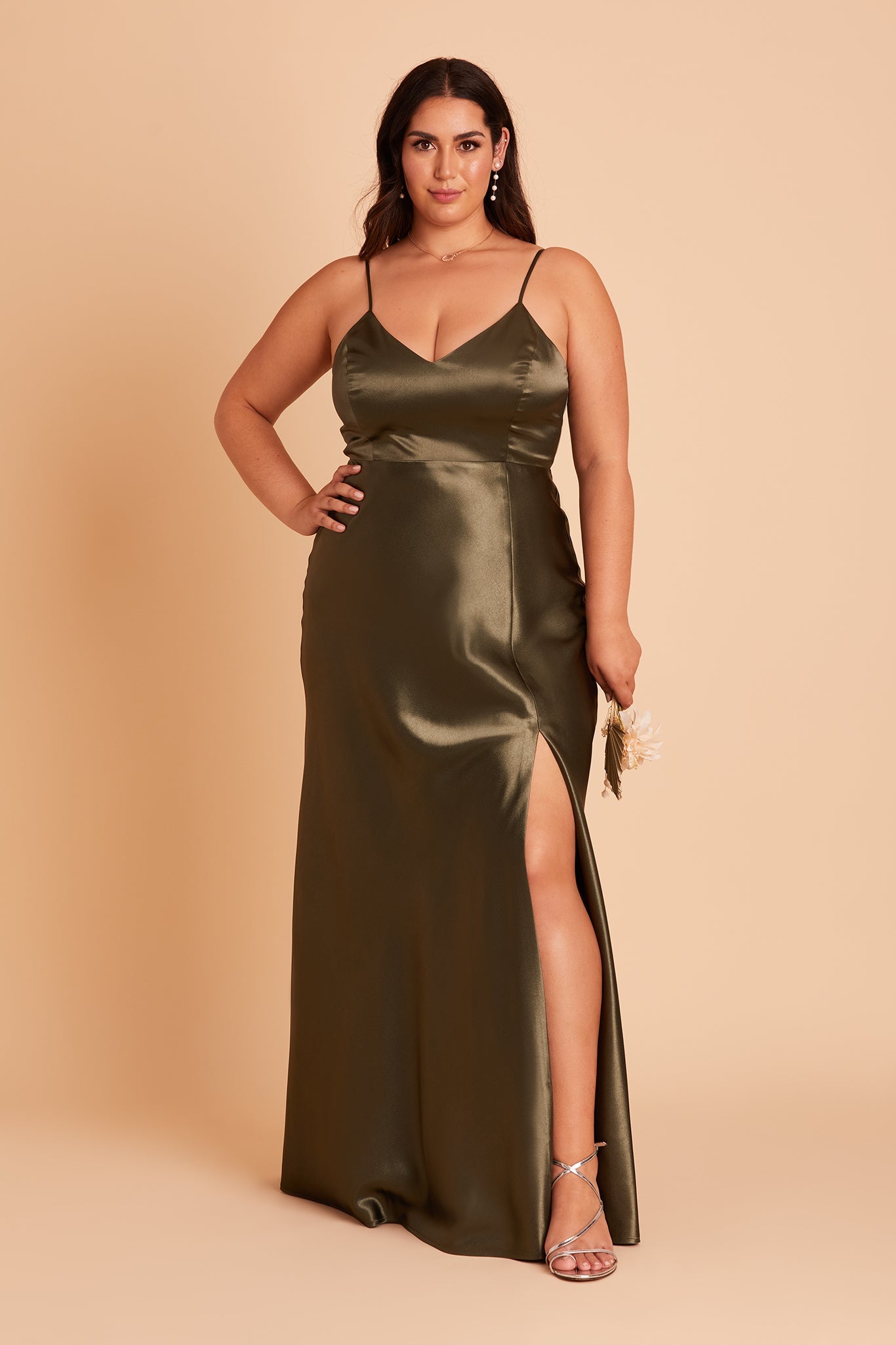 Jay plus size bridesmaid dress with slit in olive satin by Birdy Grey, front view