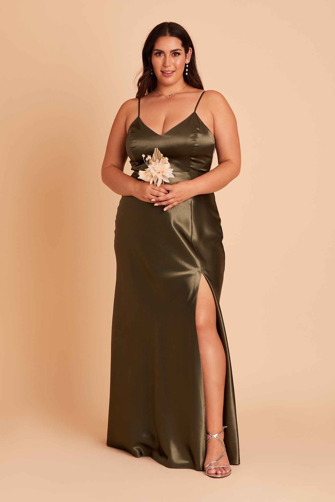 Jay plus size bridesmaid dress with slit in olive satin by Birdy Grey, front view
