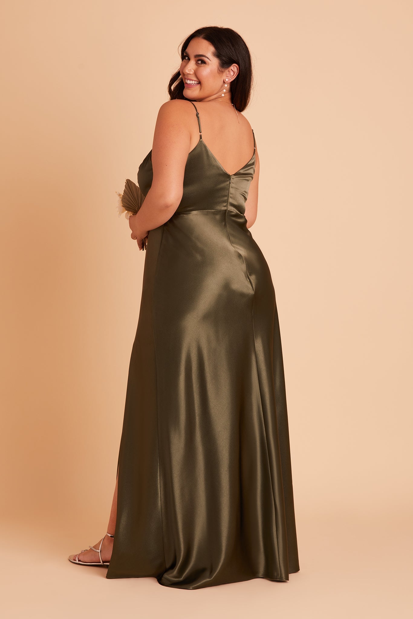 Jay plus size bridesmaid dress with slit in olive satin by Birdy Grey, back view