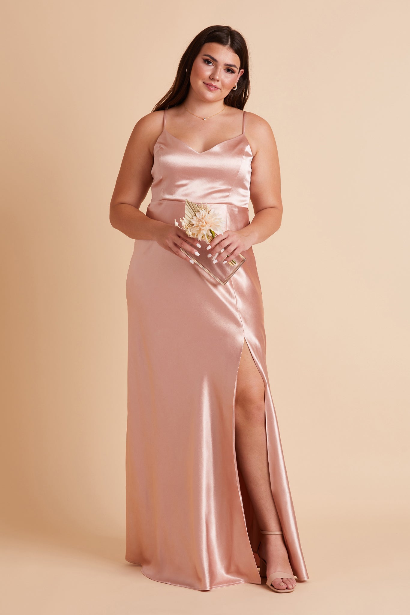 Jay plus size bridesmaid dress with slit in rose gold satin by Birdy Grey, front view